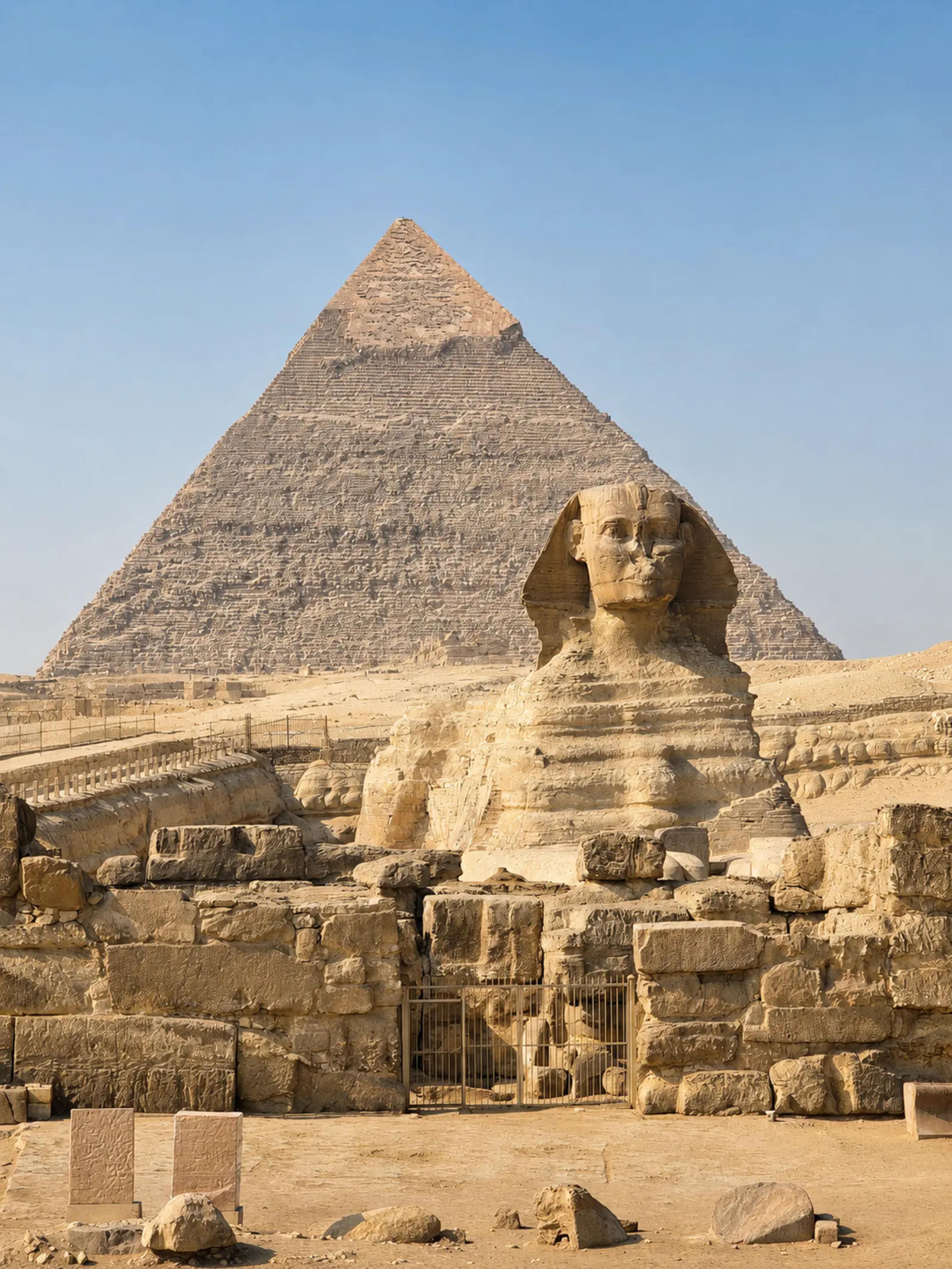 The Great Sphinx of Giza in the foreground, its weathered limestone body and pharaoh's head facing the camera, with the Pyramid of Khafre rising directly behind and small groups of visitors at the base for scale.