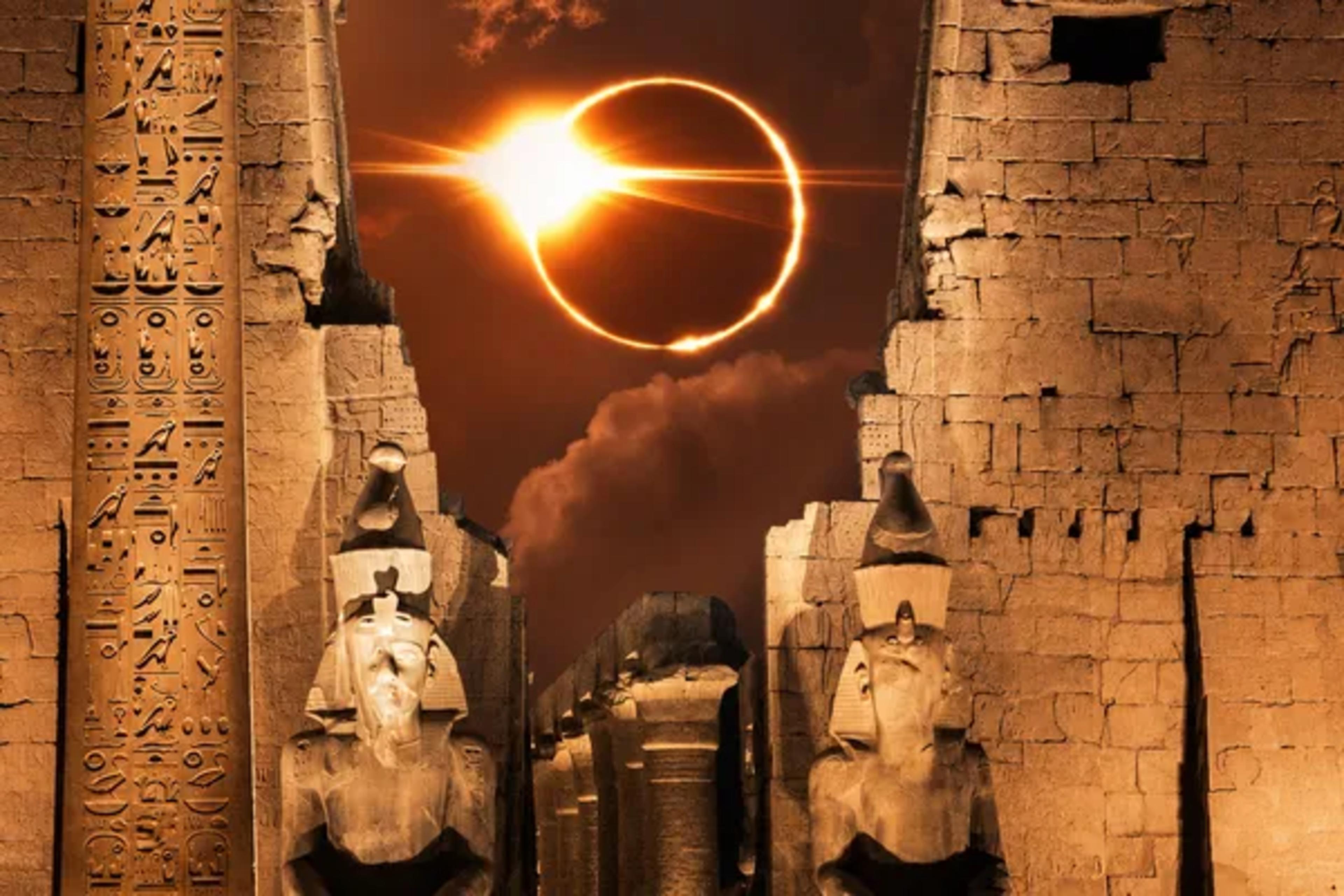 ancient Egyptian temple, temple ruins, Egyptian statues, hieroglyphic obelisk, solar eclipse, glowing ring of fire, orange sky, silhouetted visitors, dramatic night scene, Luxor-inspired architecture
