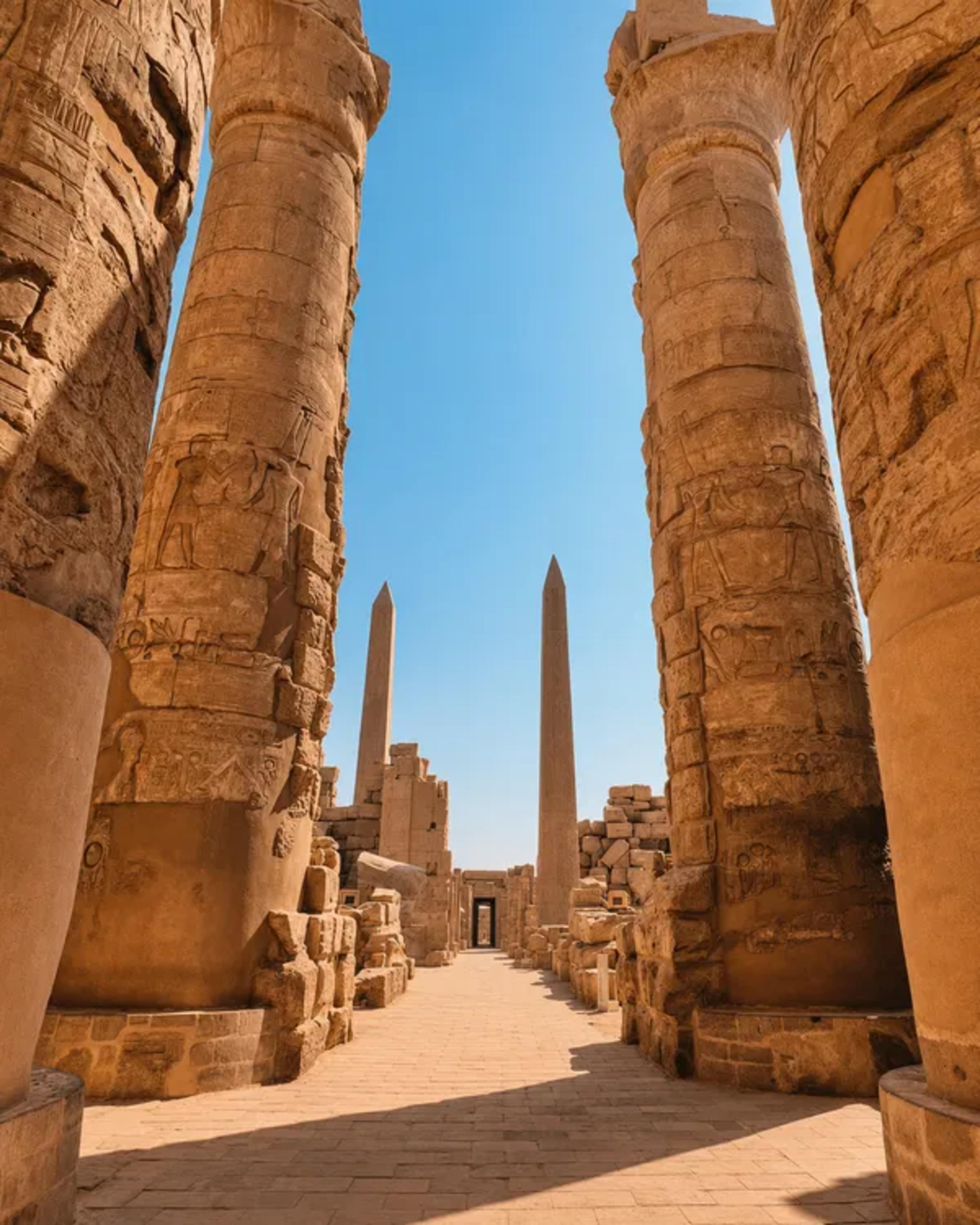 Great Hypostyle Hall at Karnak Temple, dwarfed by colossal papyrus-bundle columns, with the two obelisks of Hatshepsut and Thutmose I rising in the distance