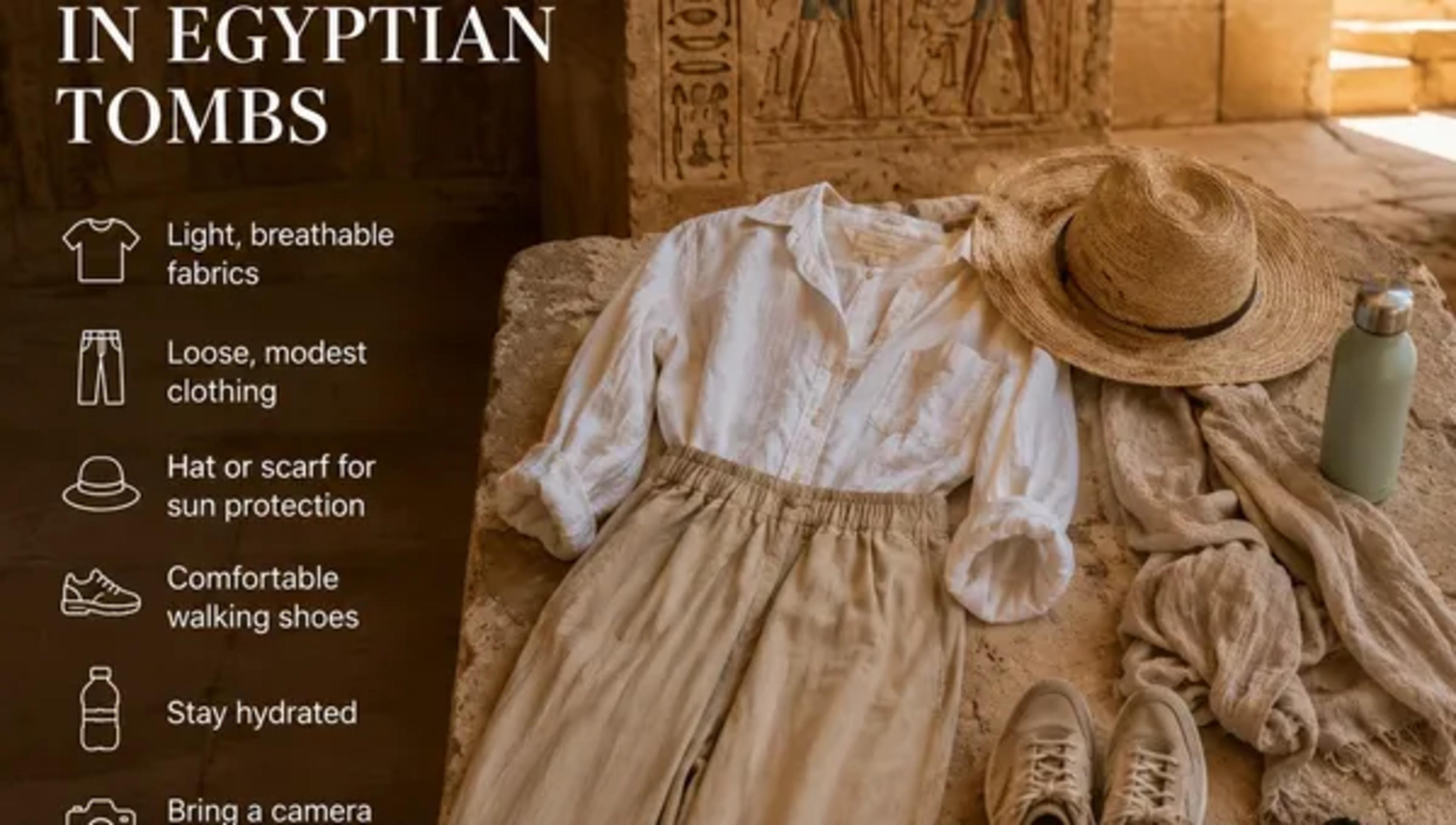 Flat-lay of linen shirt and trousers, a straw sun hat, water bottle, neutral sneakers, scarf, and a camera arranged on warm stone in front of a hieroglyph-covered tomb wall — packing essentials for visiting Egyptian tombs.