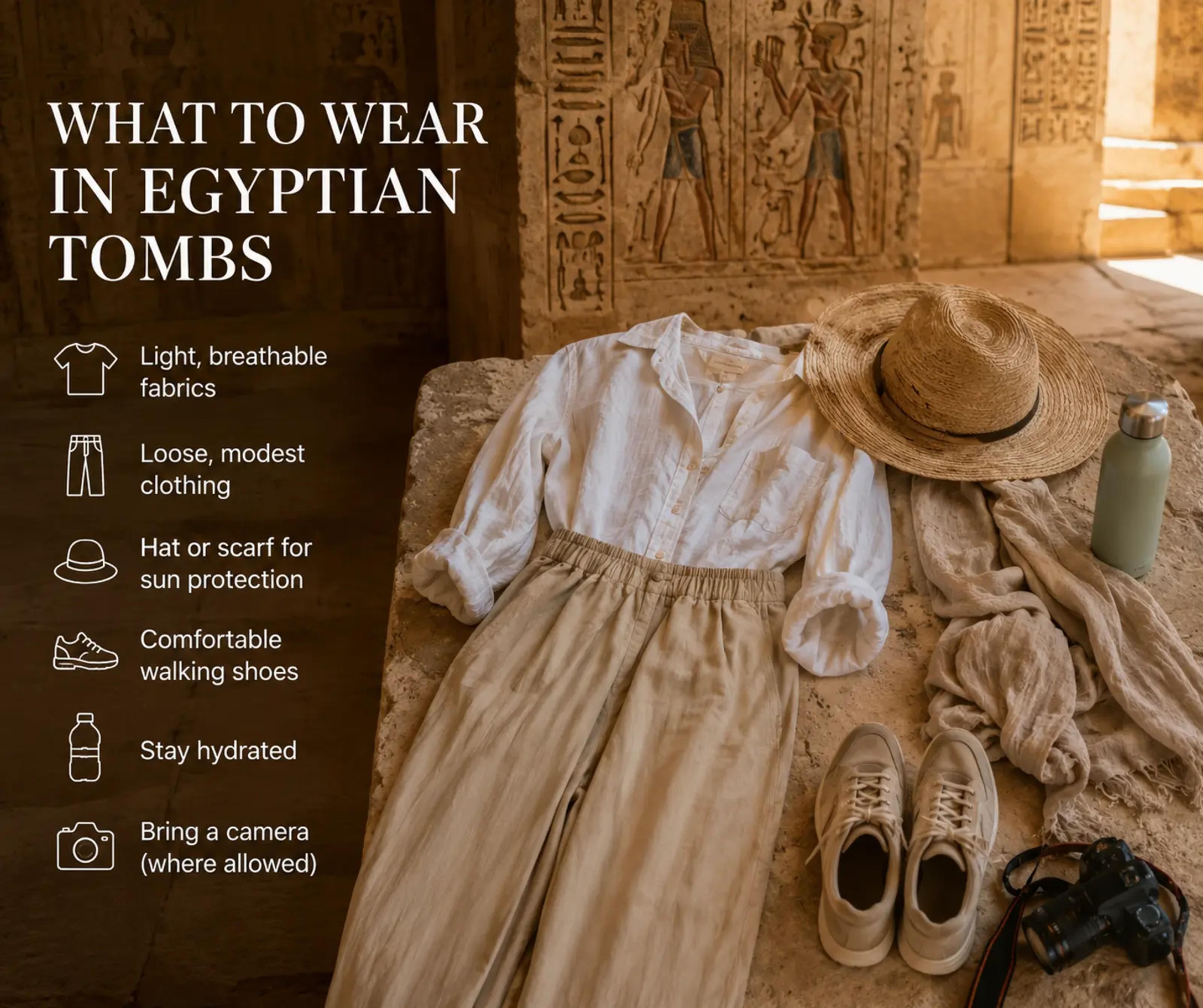 Flat-lay of linen shirt and trousers, a straw sun hat, water bottle, neutral sneakers, scarf, and a camera arranged on warm stone in front of a hieroglyph-covered tomb wall — packing essentials for visiting Egyptian tombs.