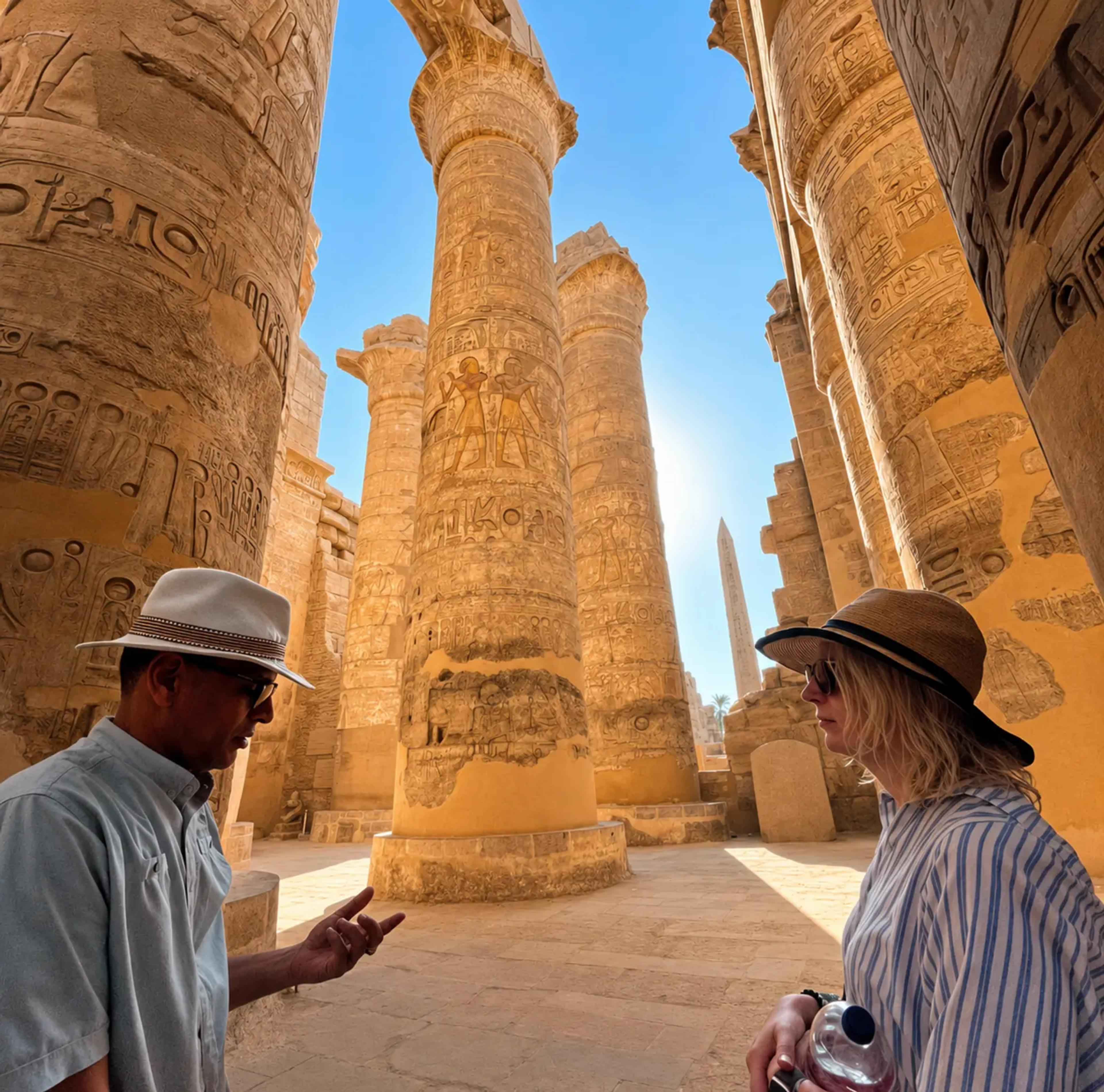 Youssef Hussain guiding a guest through the Hypostyle Hall at Karnak Temple