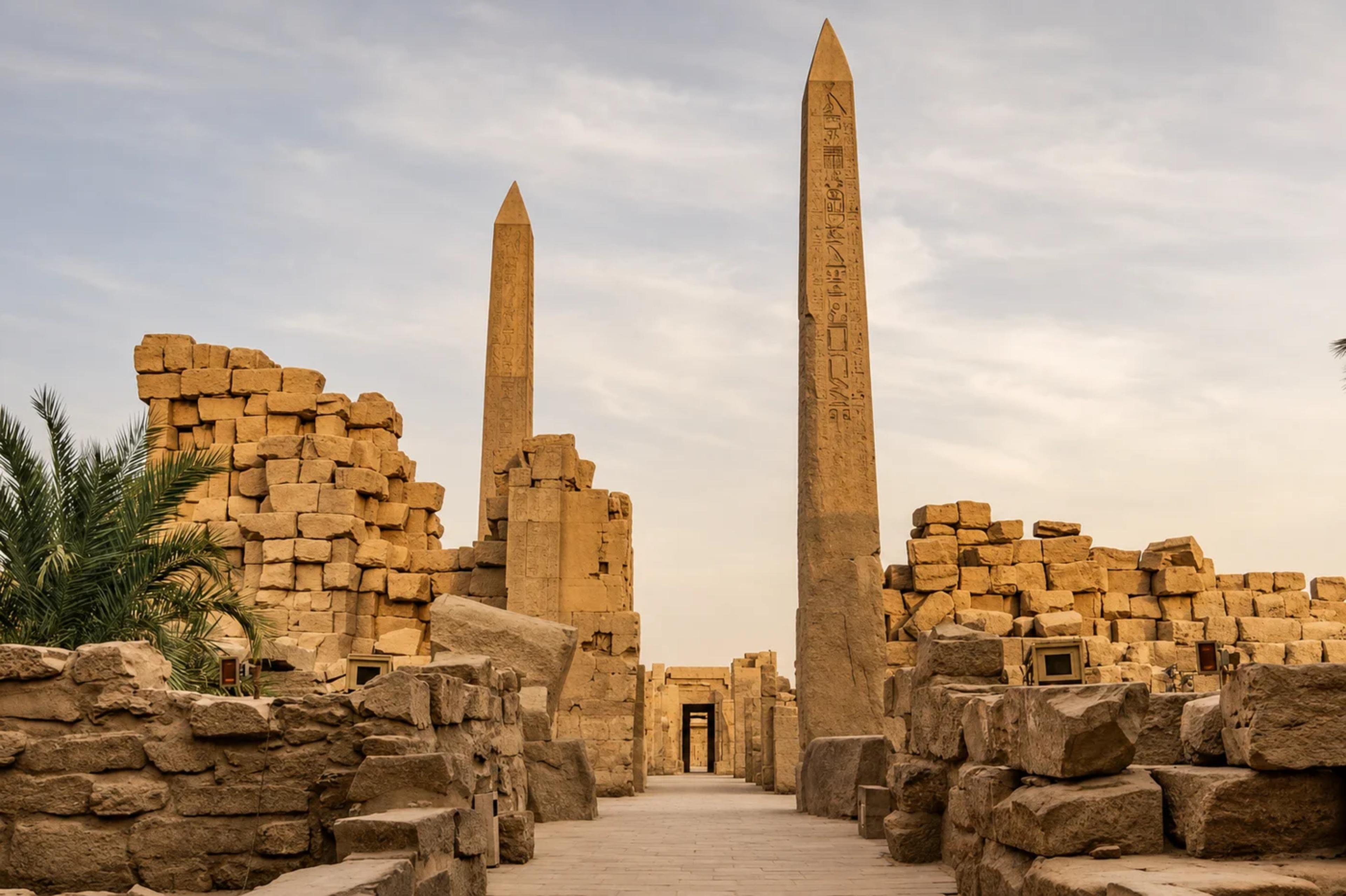 The obelisk of Hatshepsut in the late-morning haze. It stands 29.5 metres — the tallest surviving obelisk in Egypt.
