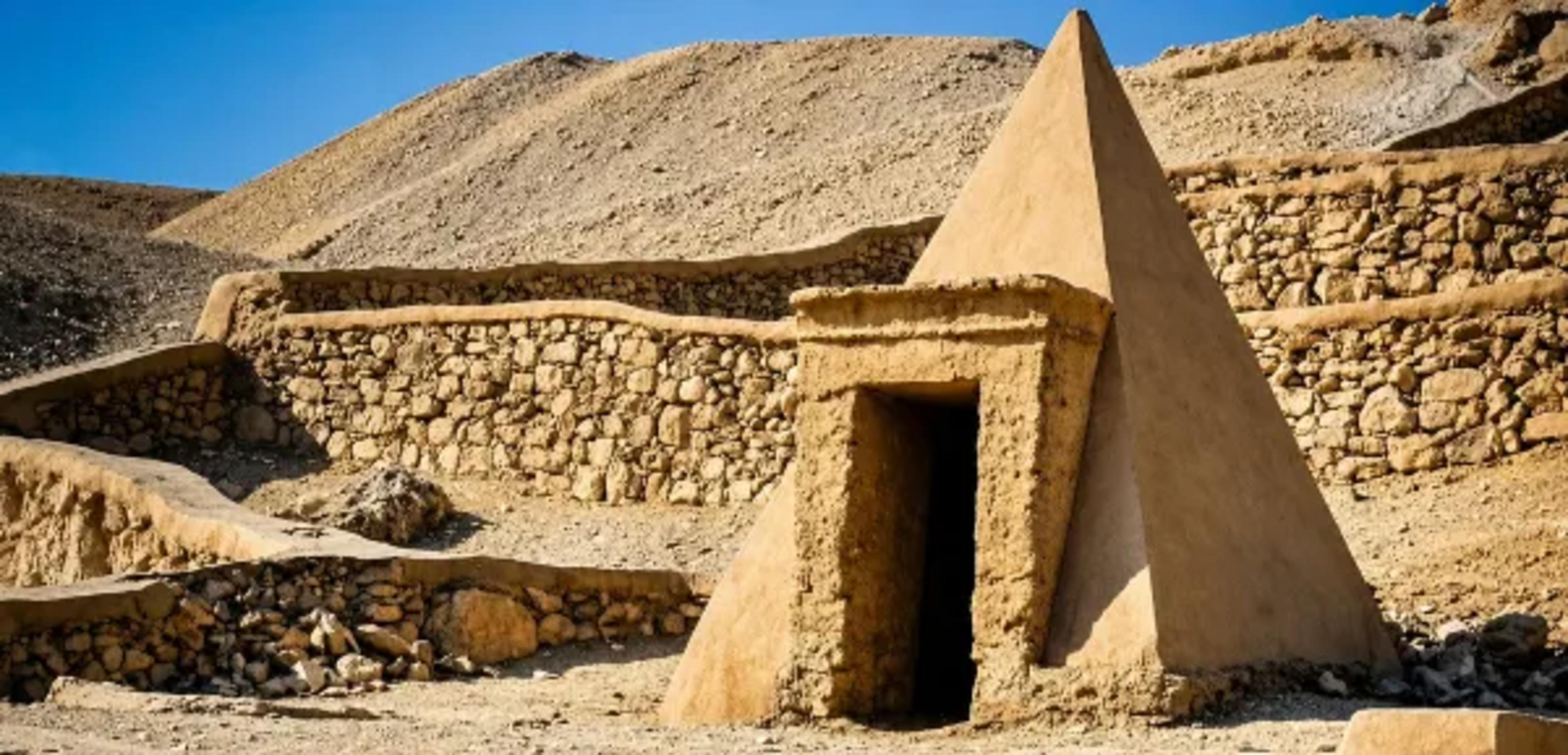 Small mudbrick pyramid marking a workers' tomb at Deir el-Medina on the West Bank of Luxor, with its low chapel doorway in the foreground and the dry stone retaining walls of the village rising into the Theban hillside behind.