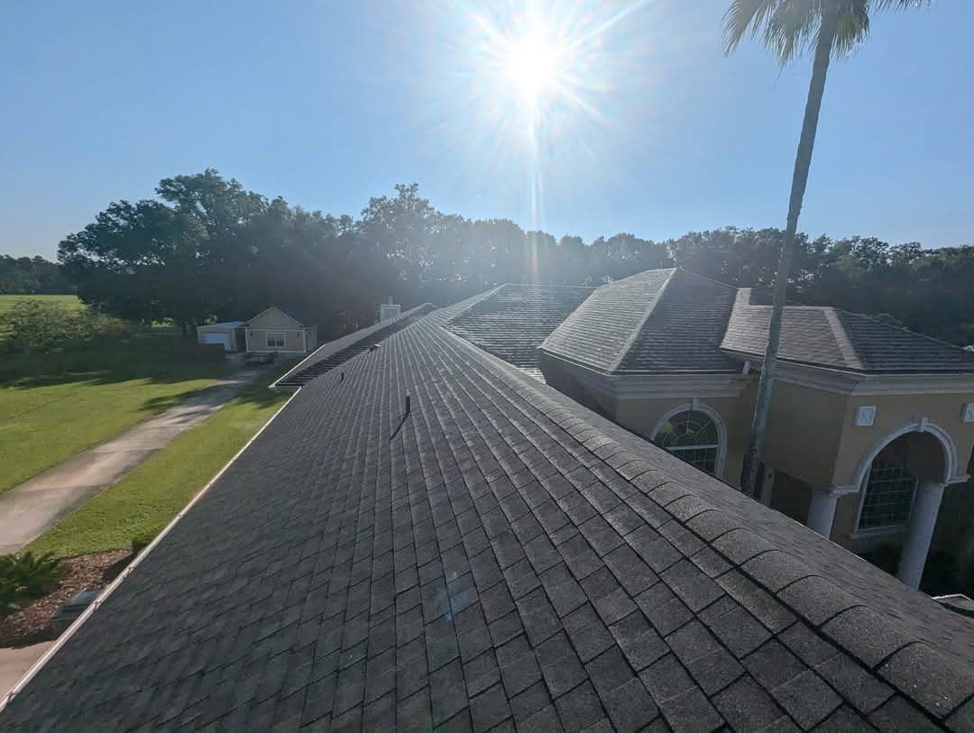 Professional roof replacement scene