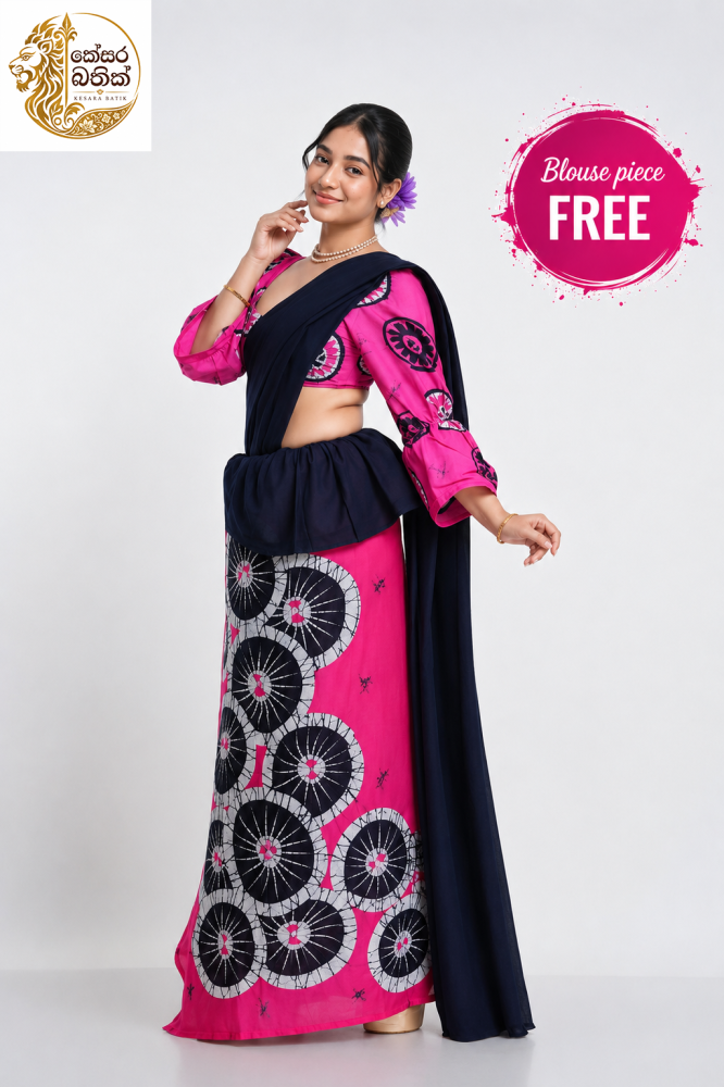 Bathik Saree Pink and Dark Black Original hand made by Kesara Bathik
