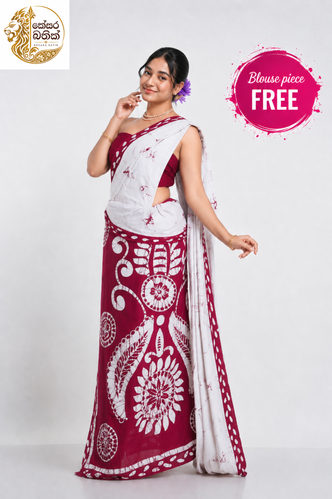 Red and white bathik saree by Kesara Bathik