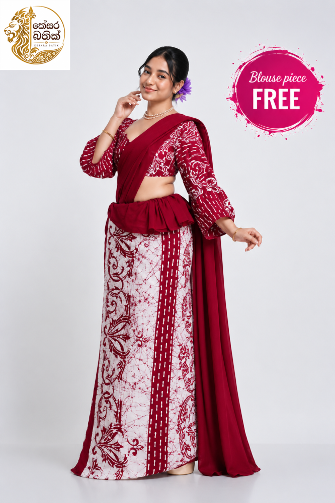 Red and White bathik saree by Kesara Bathik