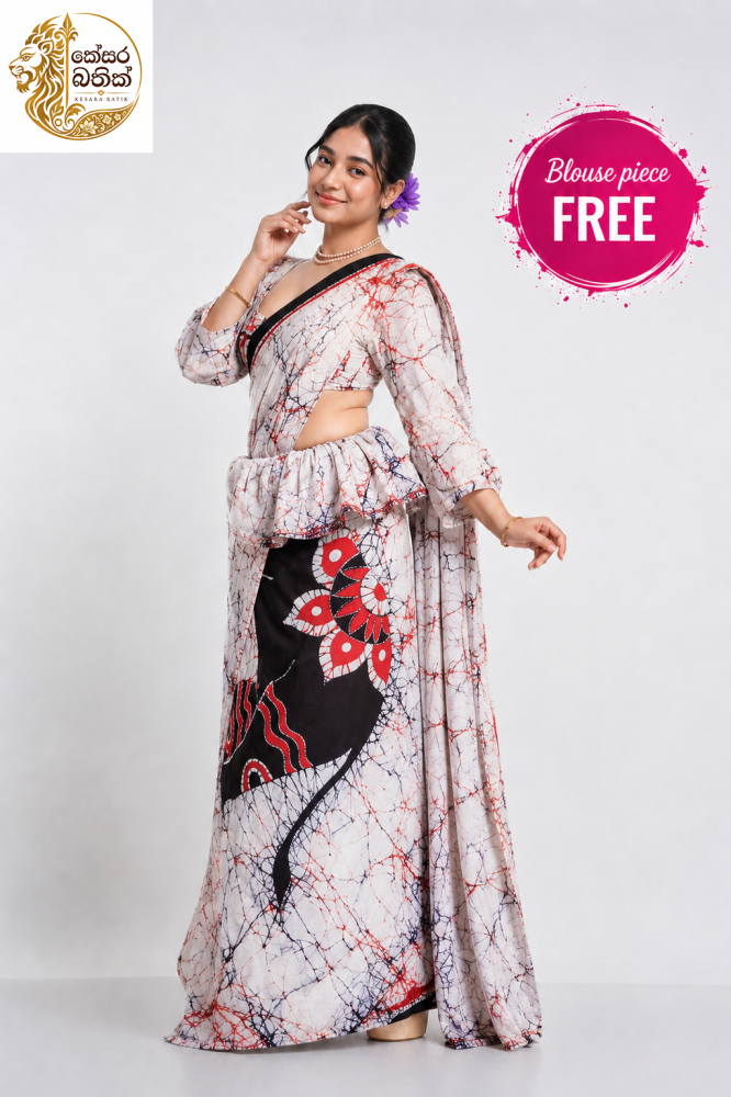 Original Handmade White & Black Batik Saree with Red Floral Accent by Kesara Bathik