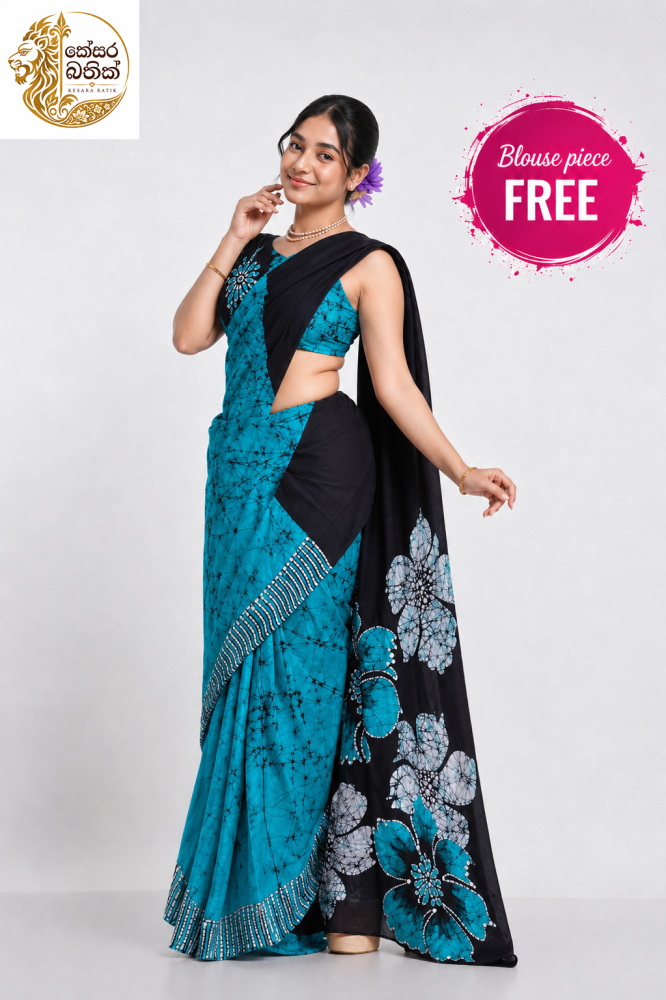 Original Handmade Turquoise Blue & Black Batik Saree with Floral Pallu by Kesara Bathik