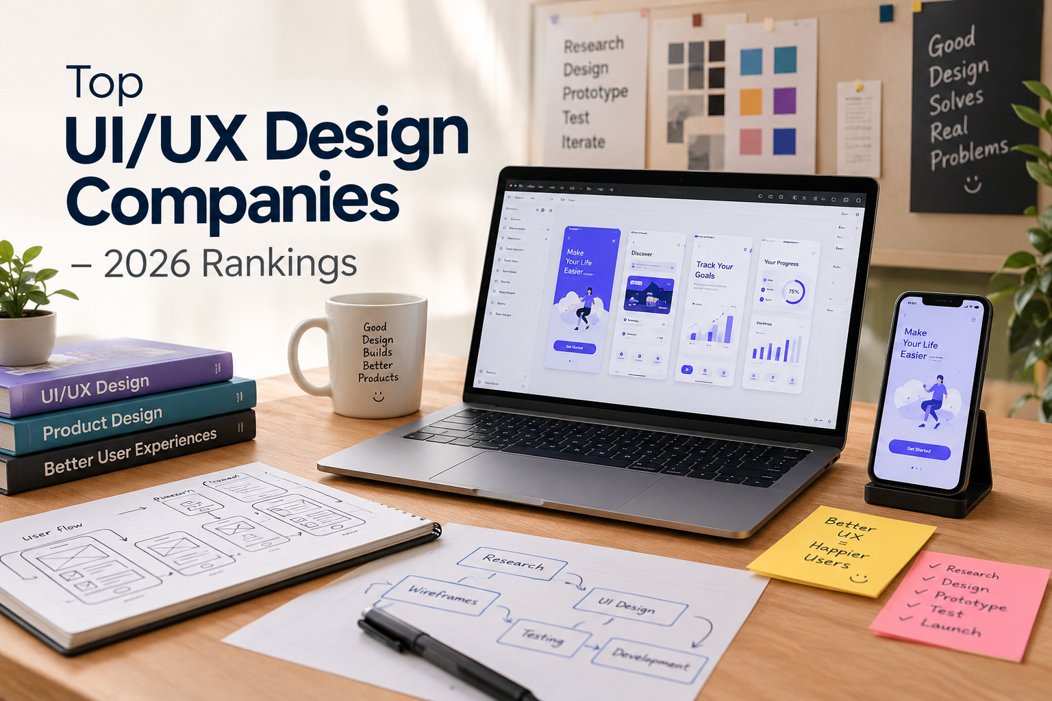 A modern UI/UX design workspace featuring a laptop and smartphone displaying clean, user-friendly digital interfaces. The workspace includes wireframes, design.