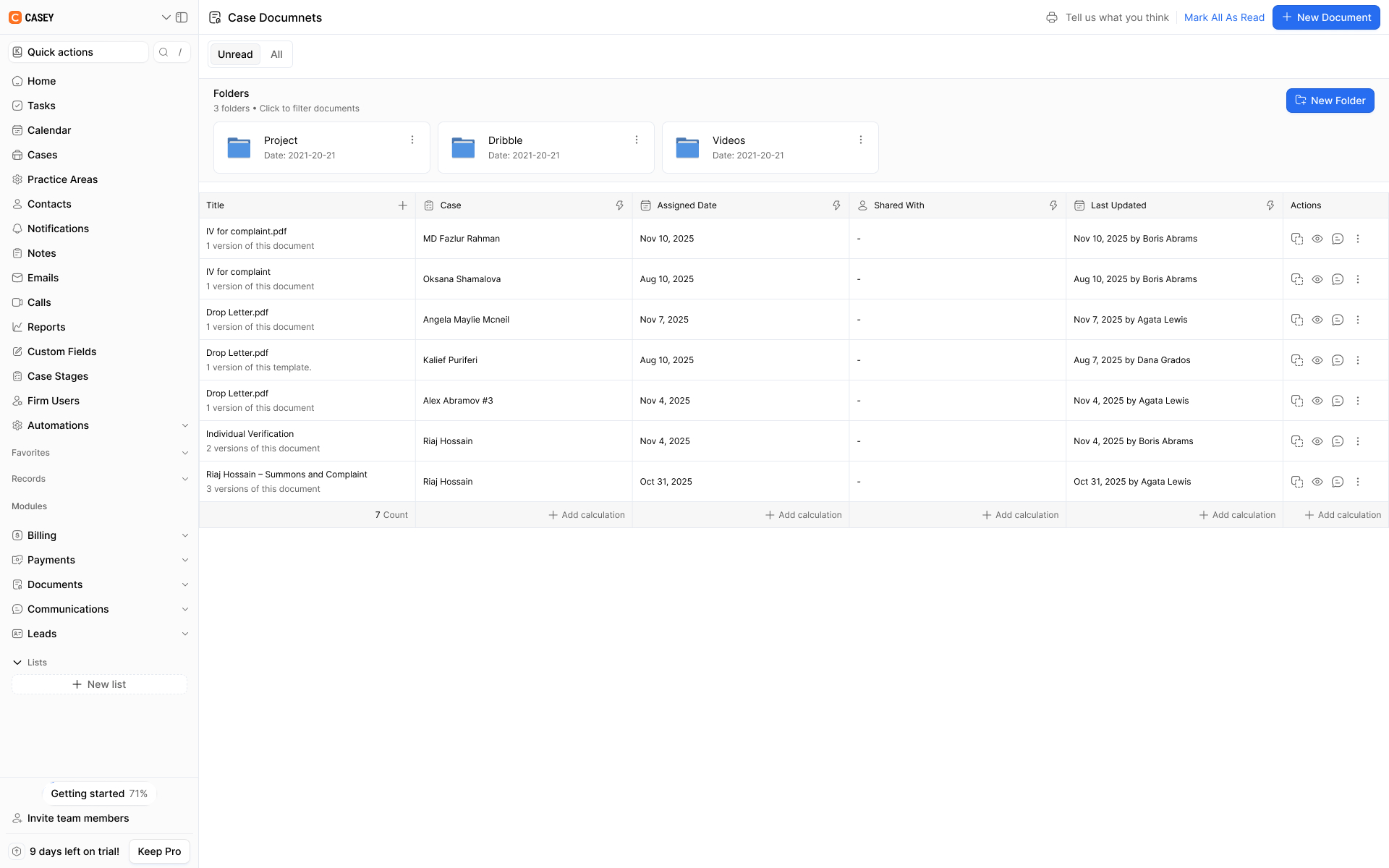 CRM document management page showing folders, document names, case details, assigned dates, sharing information, and update history.