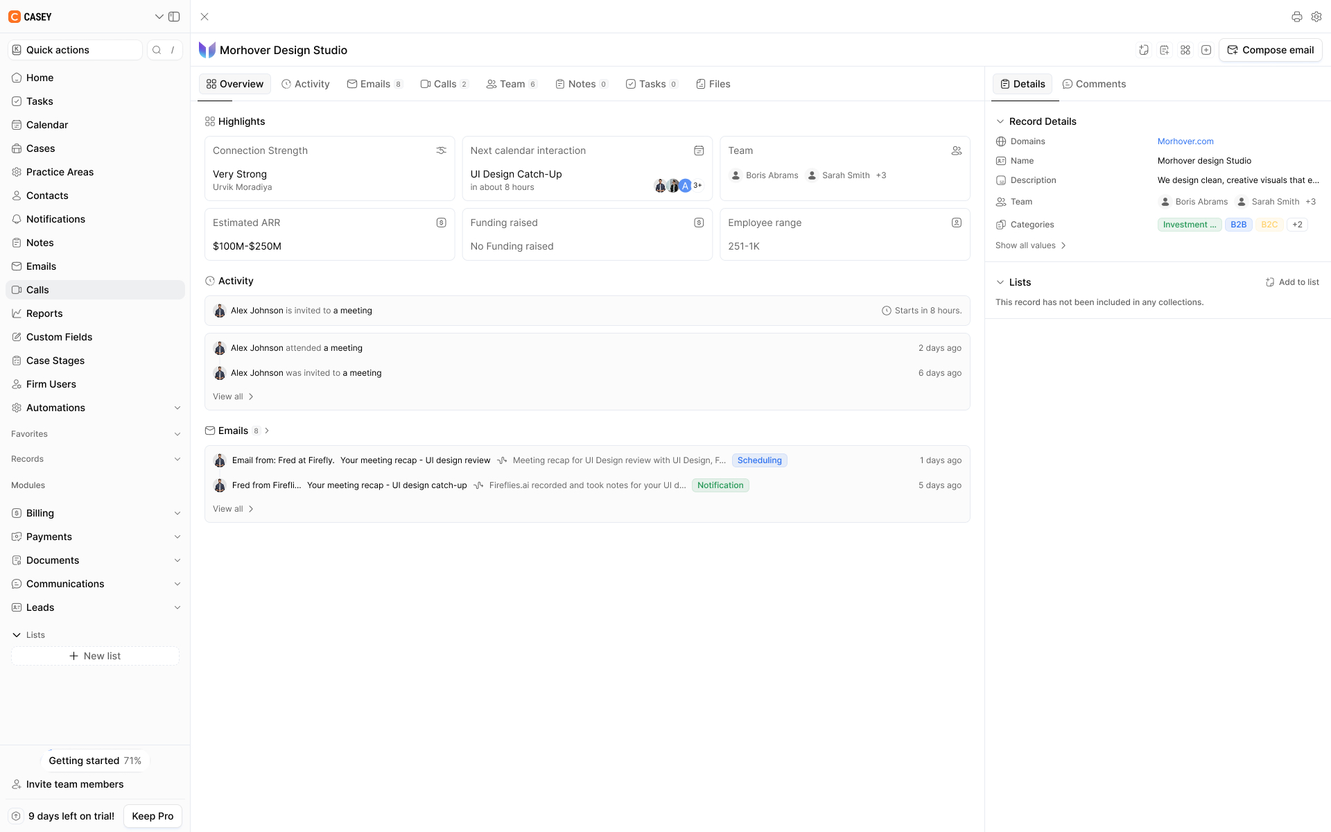 CRM company overview showing company highlights, team members, recent activities, upcoming meetings, emails, and record details.