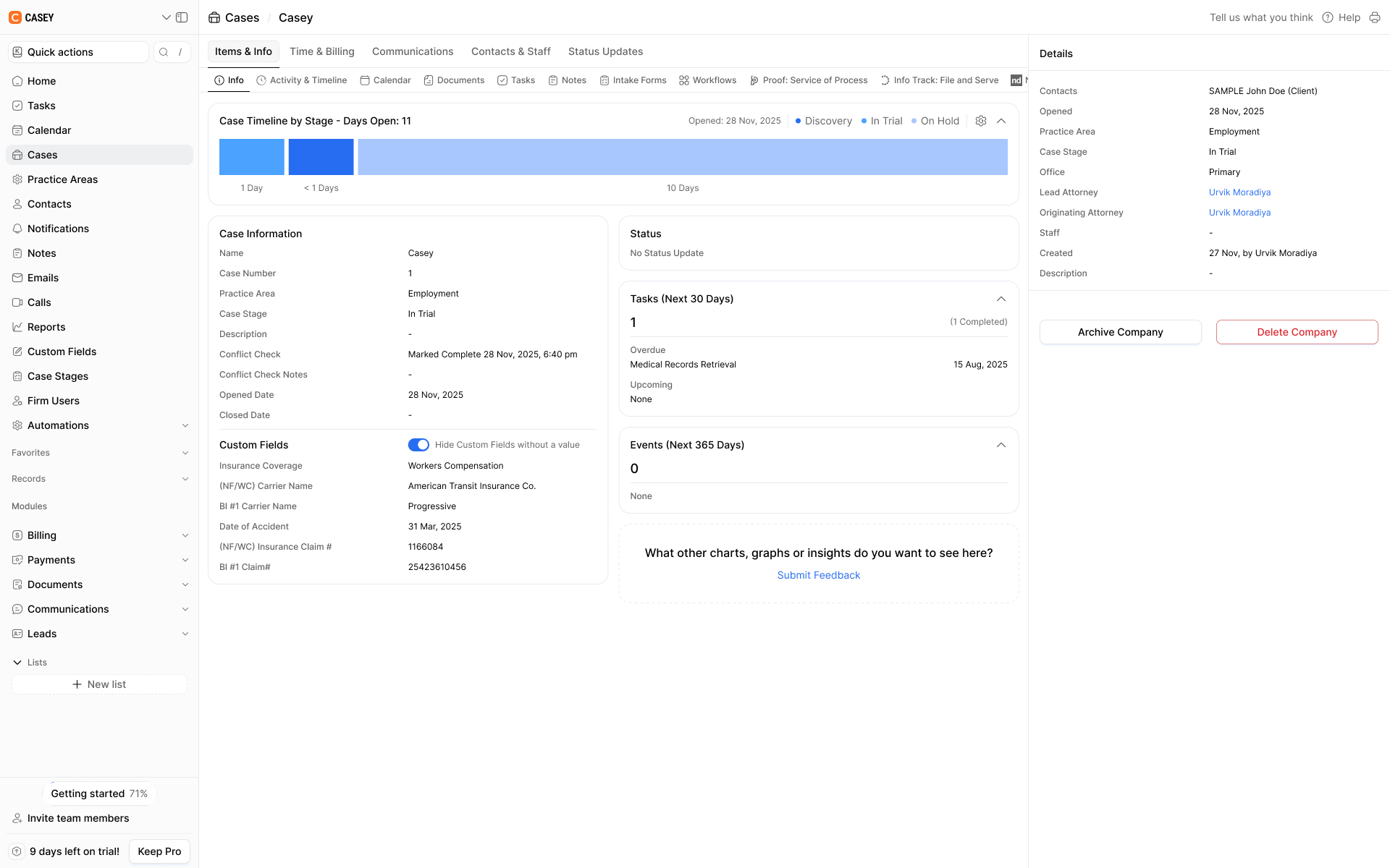 Client profile showing favorite notes, case preparation, evidence reviews, progress updates, and client details with archive options.