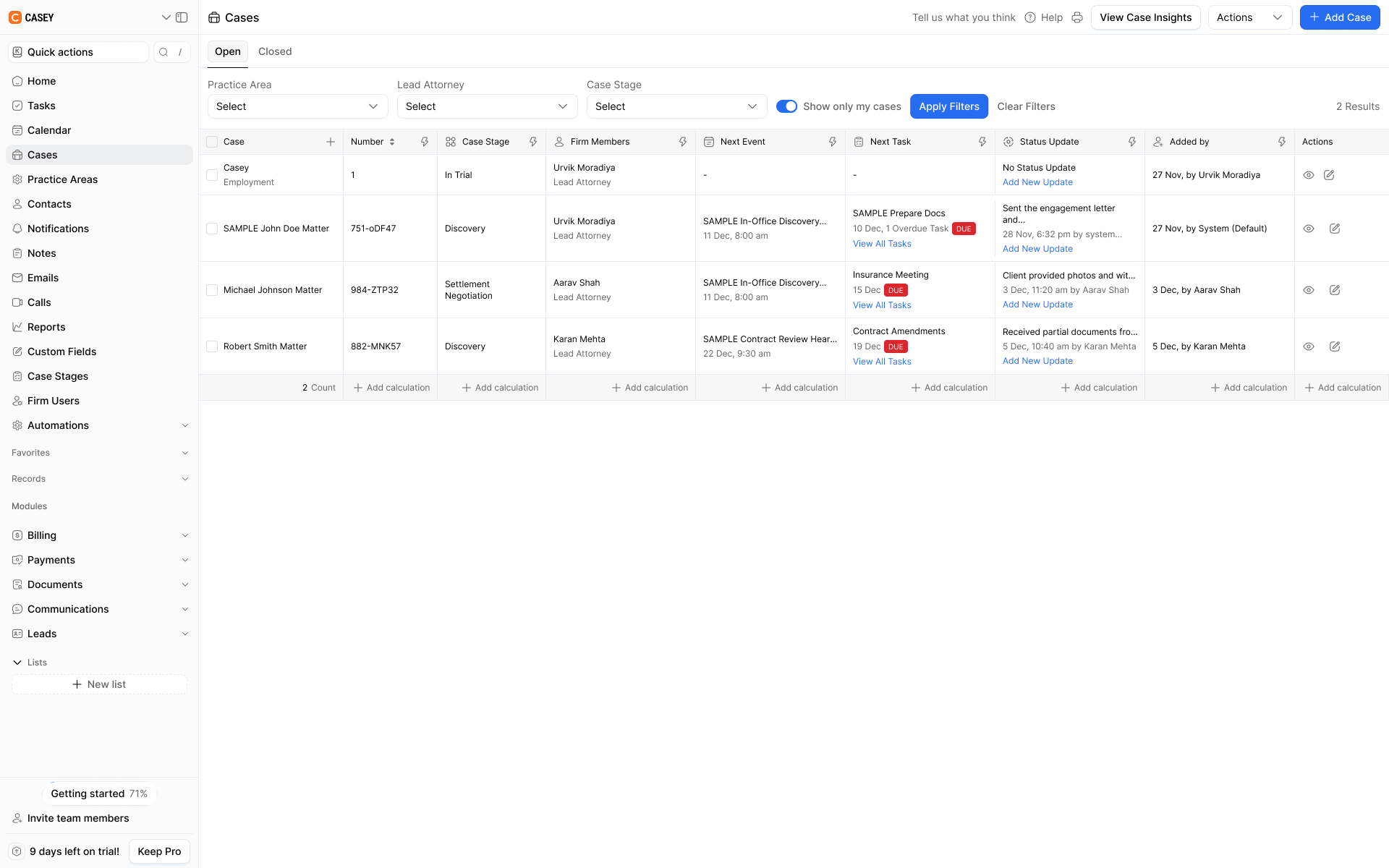 A case management dashboard displaying open and closed legal cases, with filters for practice area, lead attorney, and case stage, alongside case details, firm
