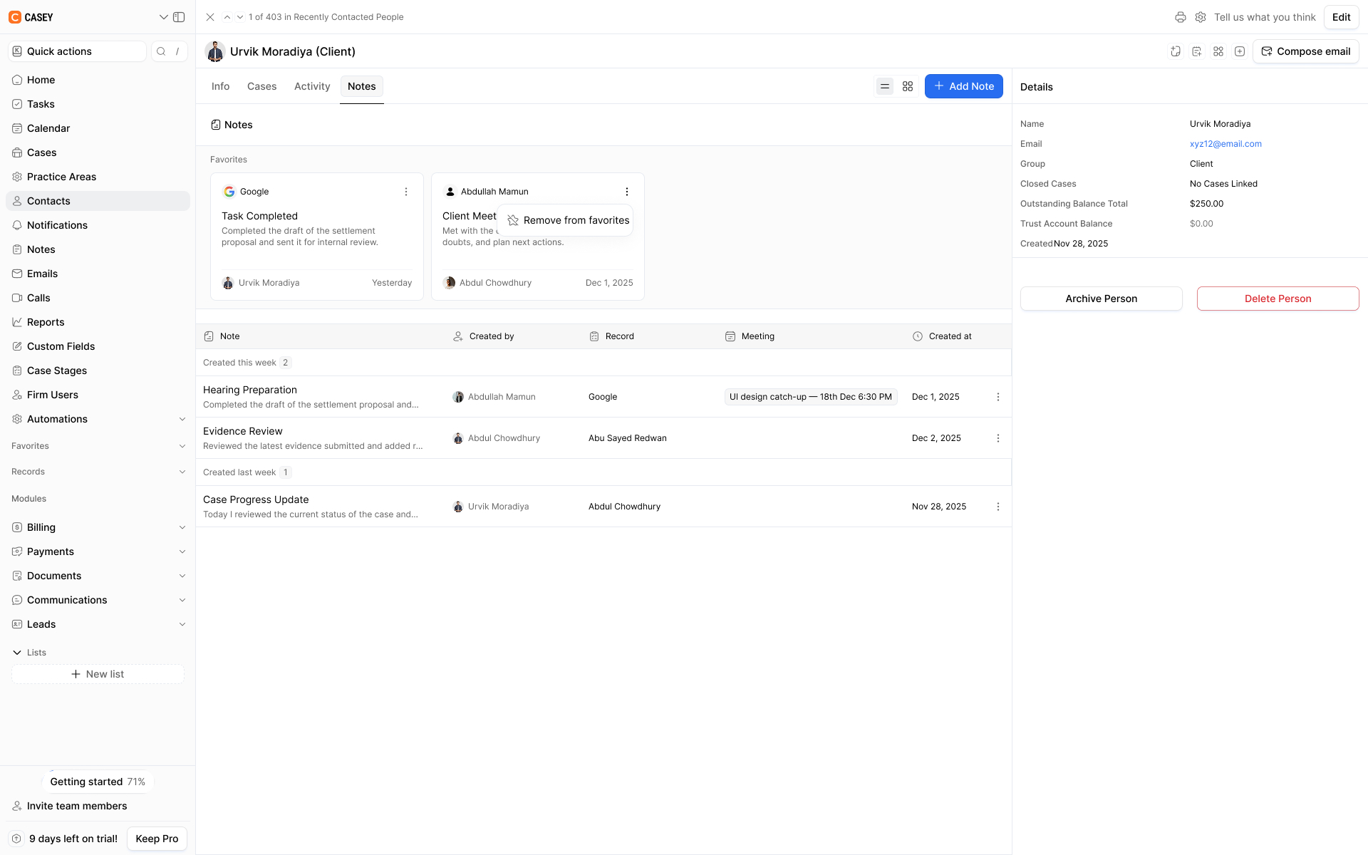 A client profile in a CRM system showing the Notes tab, favorite notes, client-related updates, case preparation notes, evidence reviews, and a case progress up