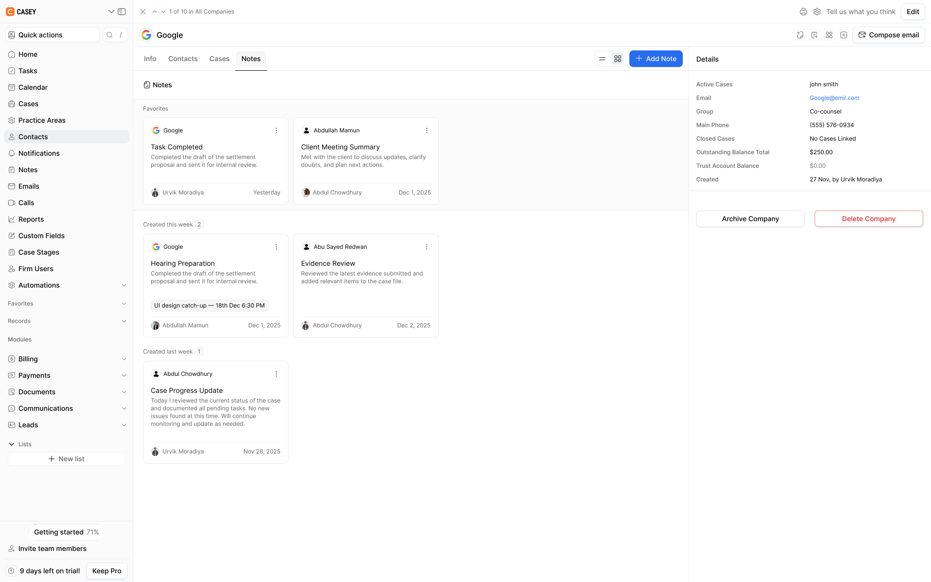 Company Notes tab displaying favorite notes, hearing preparation, client meeting summaries, evidence reviews, and case progress updates.