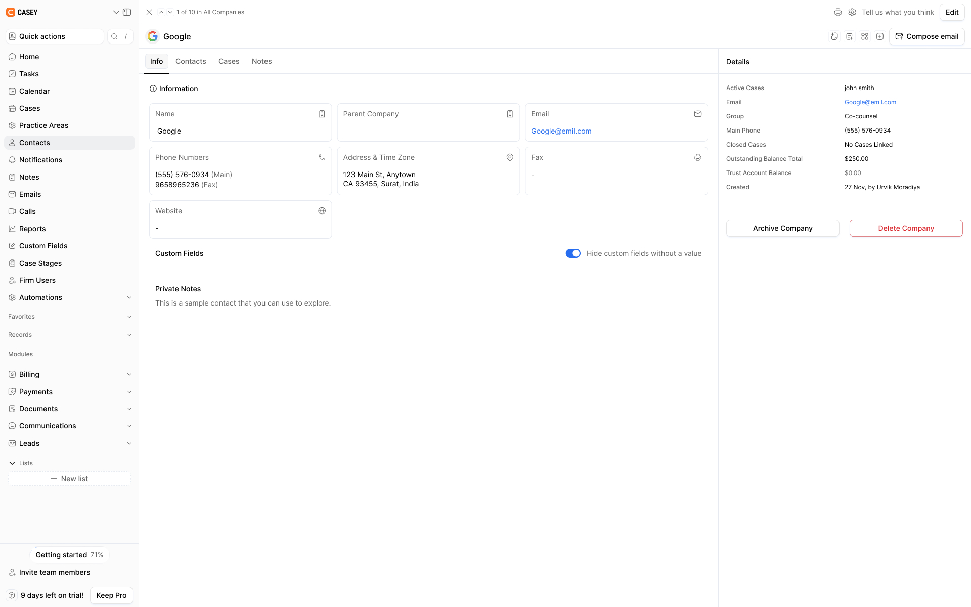 Company information page displaying contact details, phone numbers, address, email, custom fields, private notes, and account balances.