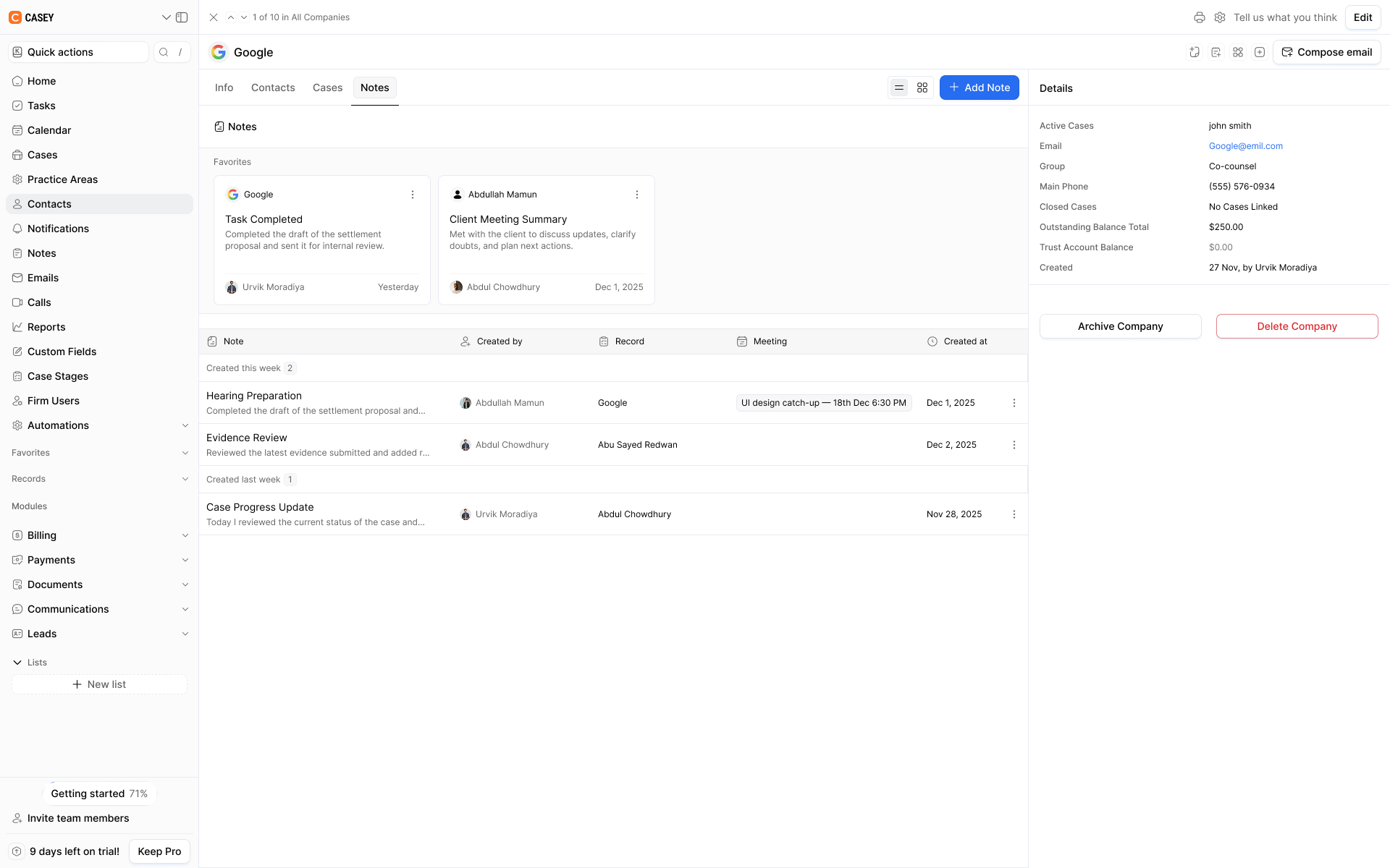CRM company profile showing favorite notes, hearing preparation, evidence reviews, progress updates, and company details.