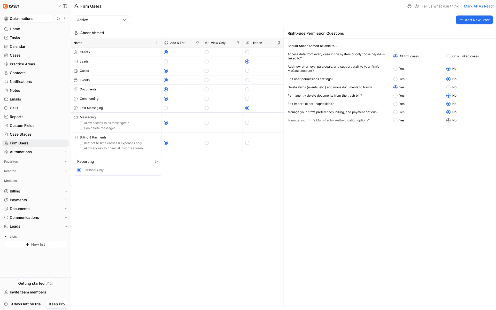 User permissions page showing access settings for clients, leads, cases, documents, messaging, billing, reporting, and account controls.