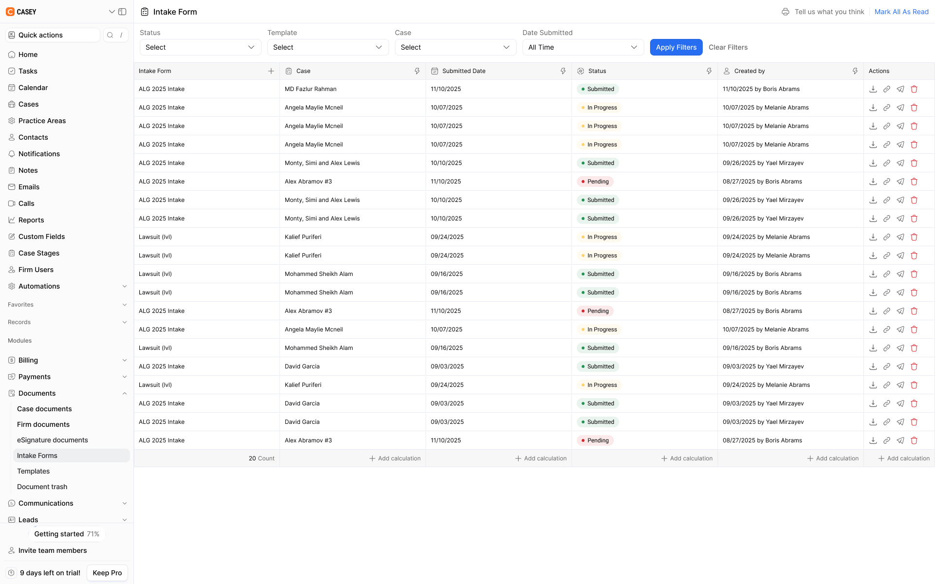 Intake forms dashboard showing filters, form names, associated cases, submission dates, statuses, creator details, and action icons.