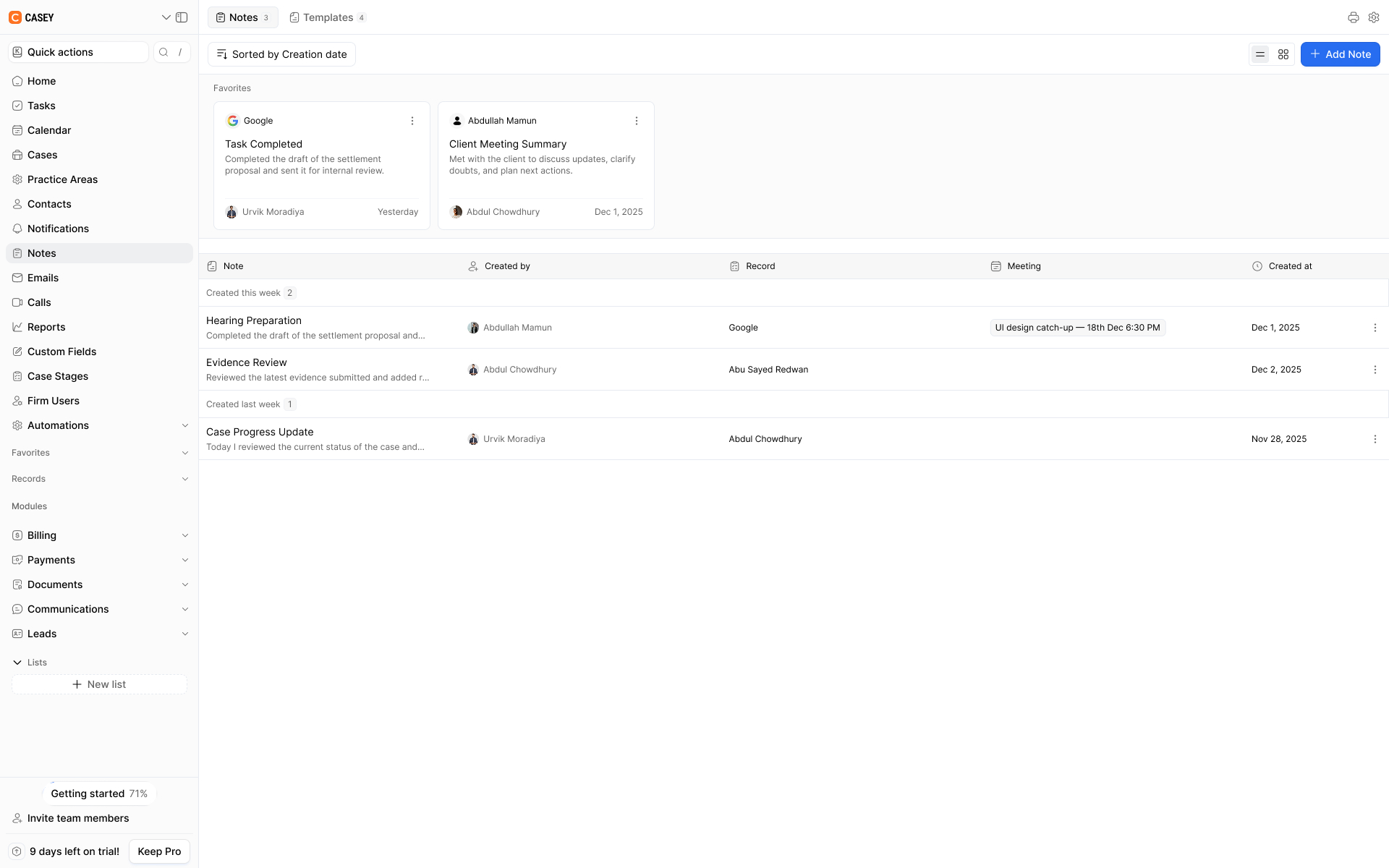 CRM notes dashboard displaying favorite notes and a list of hearing preparation, evidence review, and case progress updates.