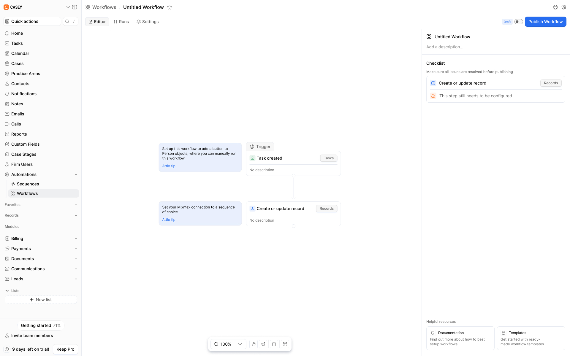 Workflow editor showing a task trigger, record action, editor, runs, settings, publishing checklist, and Publish Workflow button.
