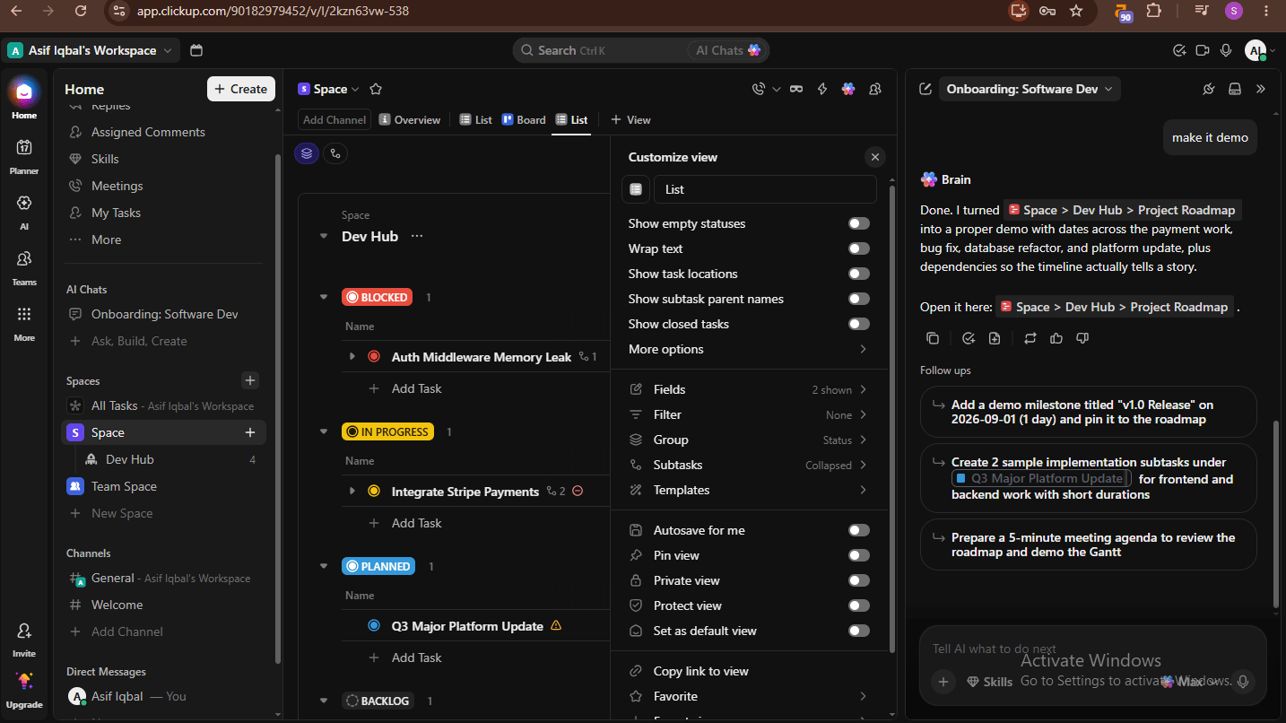 ClickUp Brain AI turning a space into a project roadmap with dates and dependencies