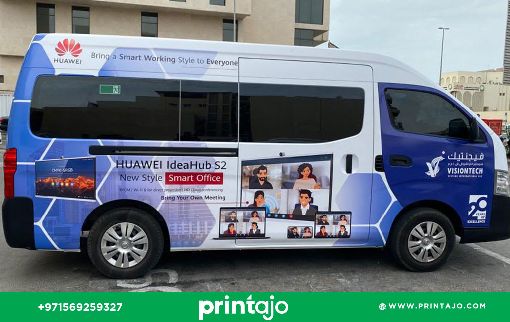 full van wrap for VisionTech Systems in Dubai promoting the Huawei IdeaHub S2. The design features a 'New Style Smart Office' theme with video conferencing imagery, blue geometric tech patterns, and the '20 Years of Excellence' badge. Fleet graphics by Printajo.