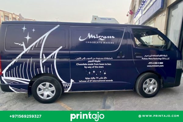 Mirzam Chocolate van branding Dubai, artisan chocolate delivery van vehicle wrap design by Printajo