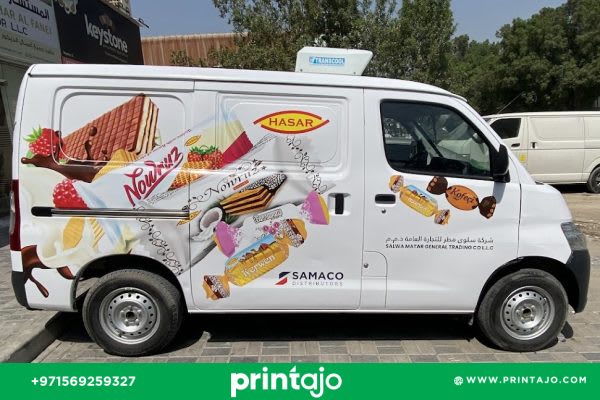 Samaco van branding Dubai, commercial vehicle wrap design for distribution company van by Printajo