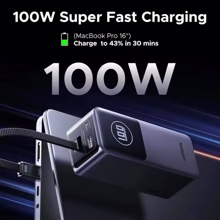 PowerBank UGREEN Nexode 100W 12000mAh con Cable Retráctil Integrado, Pantalla TFT Inteligente Original