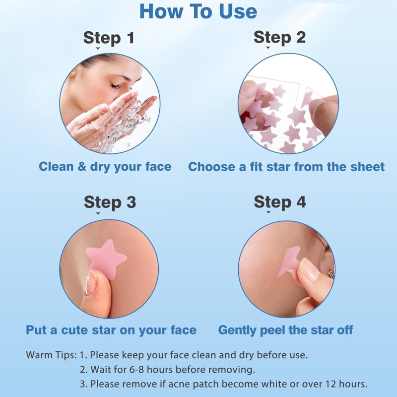 Parches de espinillas para cara, parches de acné hidrocoloide, bonitas cubiertas de estrella, calcomanías coloridas con árbol de té, ácido salicílico y aceite de cica