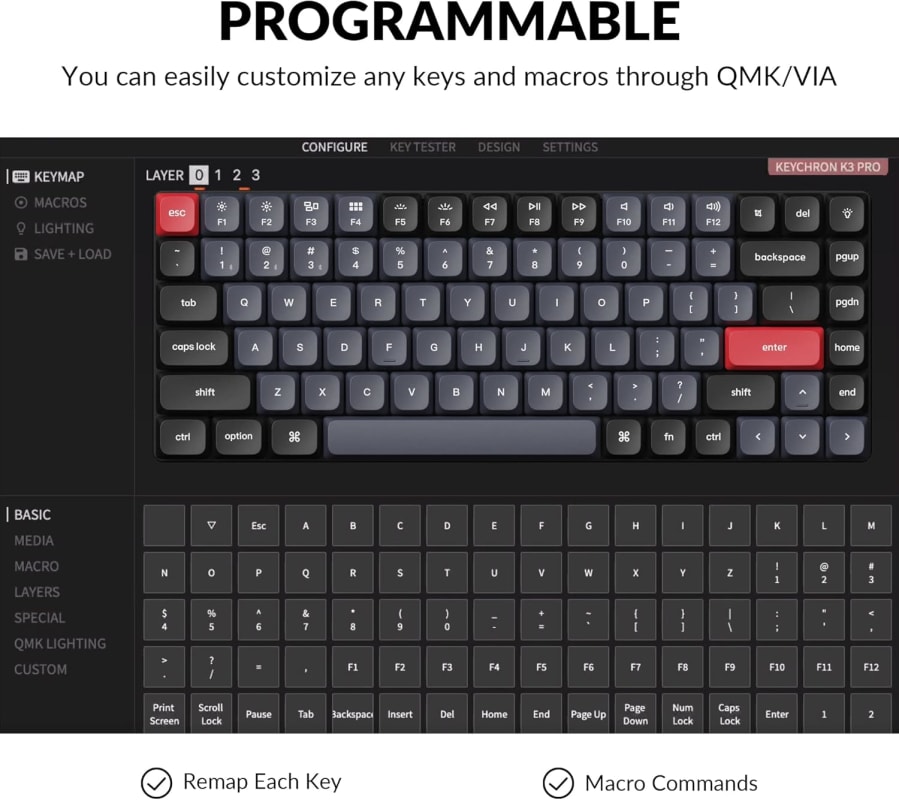 Keychron K3 Pro - Teclado mecánico inalámbrico ultra delgado QMK/VIA, macro programable 75% diseño RGB retroiluminación con perfil bajo Gateron , Teclas PBT Double Shoot