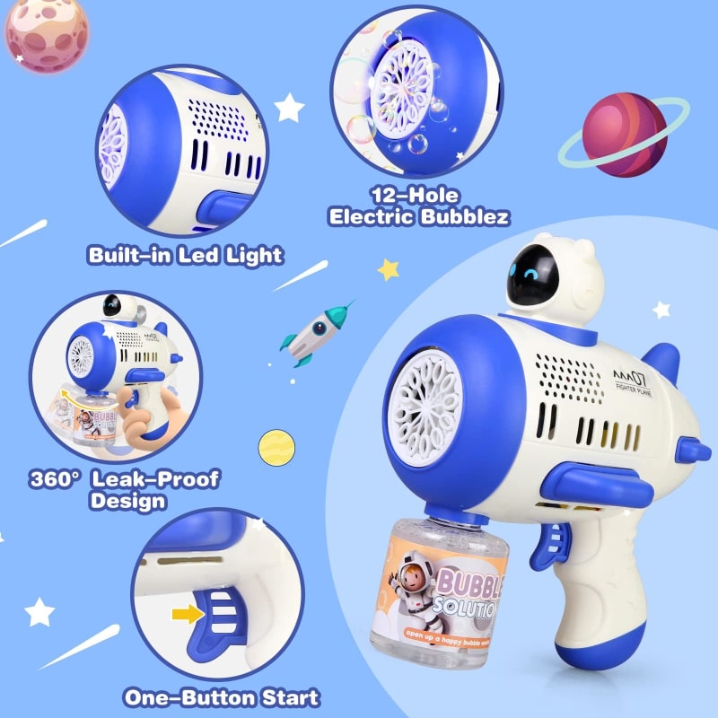 Pistolas de burbujas para niños pequeños, máquina de burbujas de 12 agujeros con luces LED, diseño a prueba de fugas de 360° para fiesta de cumpleaños, juguetes de verano al aire libre para niños de 4 a 8 años (azul)
