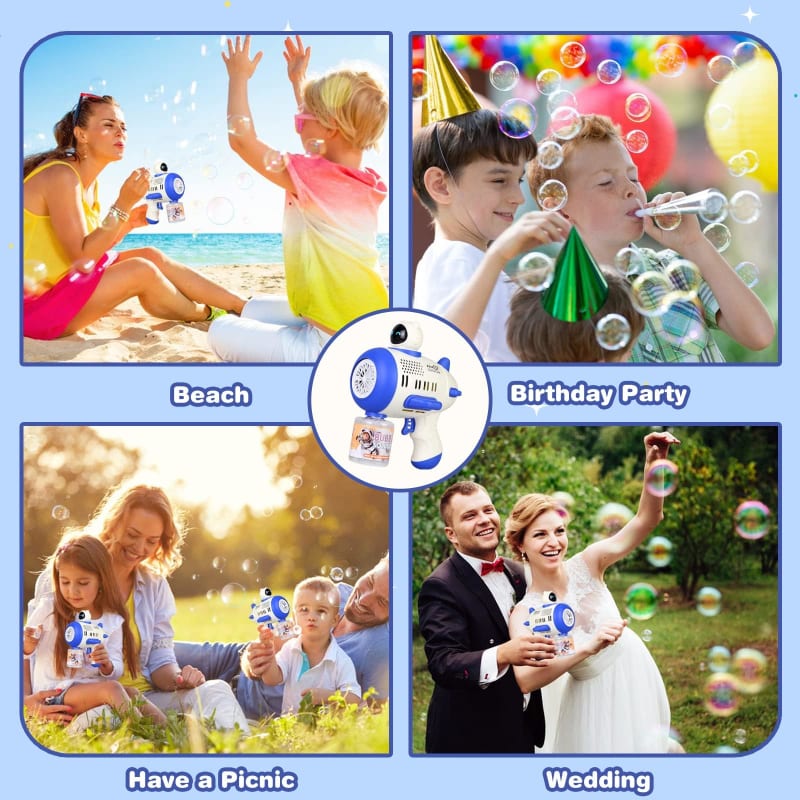 Pistolas de burbujas para niños pequeños, máquina de burbujas de 12 agujeros con luces LED, diseño a prueba de fugas de 360° para fiesta de cumpleaños, juguetes de verano al aire libre para niños de 4 a 8 años (azul)