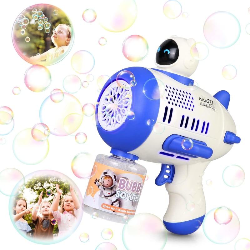 Pistolas de burbujas para niños pequeños, máquina de burbujas de 12 agujeros con luces LED, diseño a prueba de fugas de 360° para fiesta de cumpleaños, juguetes de verano al aire libre para niños de 4 a 8 años (azul)