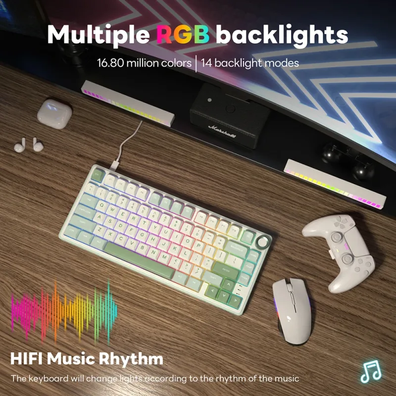 RK Royal Kludge R75 Teclado mecánico con cable, 80 teclas, RGB, retroiluminado, intercambiable en caliente, español, MDA, PBT