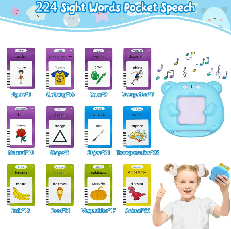 Juguetes para ninos pequenos tarjetas didacticas en espanol 224 palabras visuales juguetes de terapia del habla de bolsillo tarjetas flash bilingues juguetes sensoriales para autismo para ninos autist...