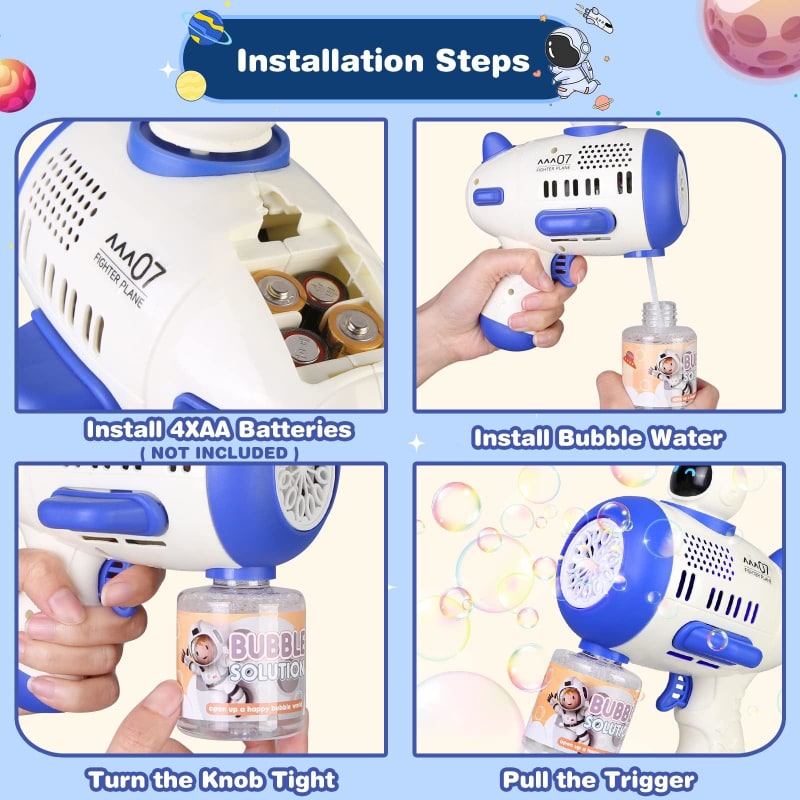 Pistolas de burbujas para niños pequeños, máquina de burbujas de 12 agujeros con luces LED, diseño a prueba de fugas de 360° para fiesta de cumpleaños, juguetes de verano al aire libre para niños de 4 a 8 años (azul)