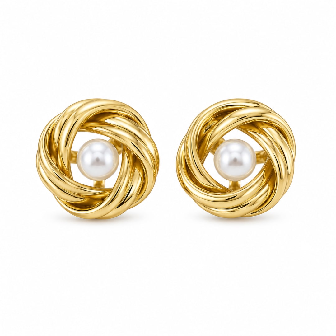 Gold Pearl Knot Stud Earrings