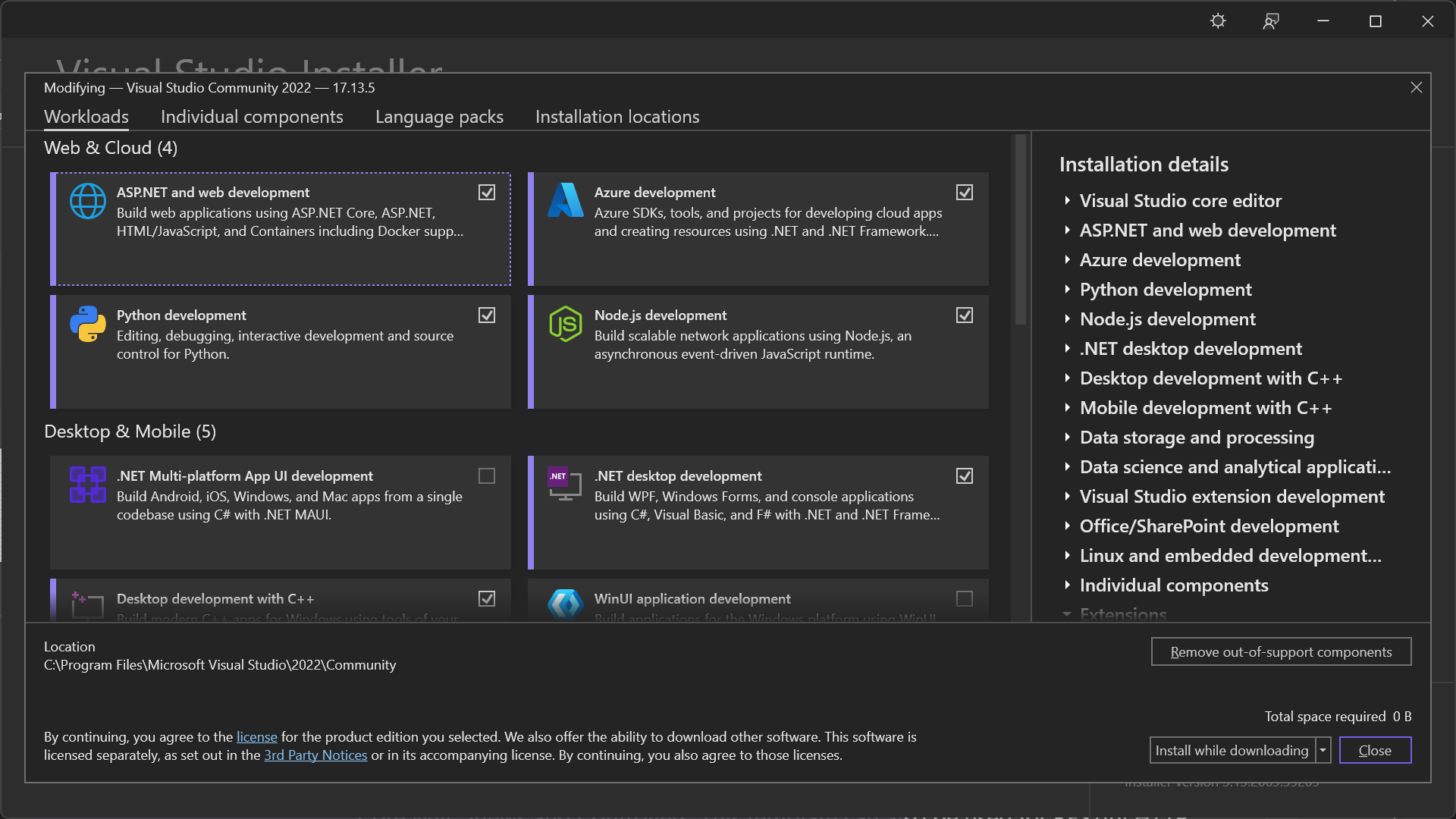 Visual Studio Installer Modify Screen - Workloads