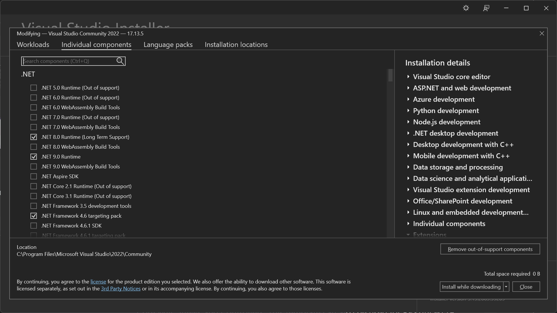 Visual Studio Installer Modify Screen - Components