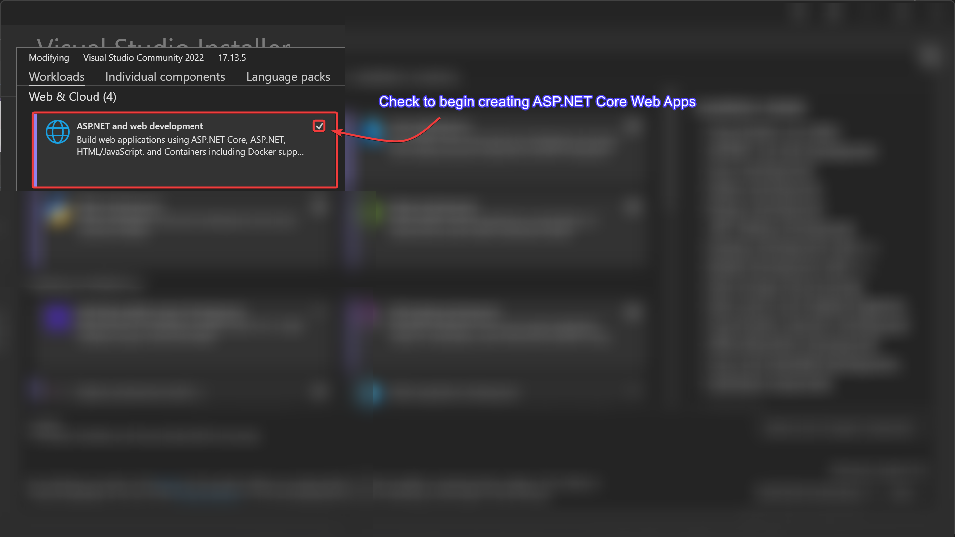 Workloads for ASP.NET Core in Visual Studio 2022