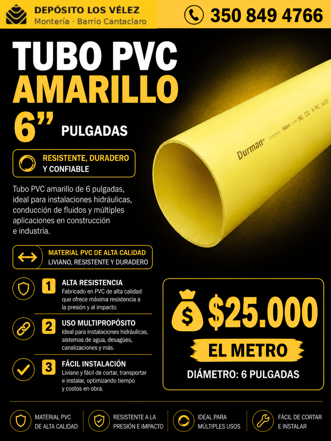 Tubo PVC amarillo 6"