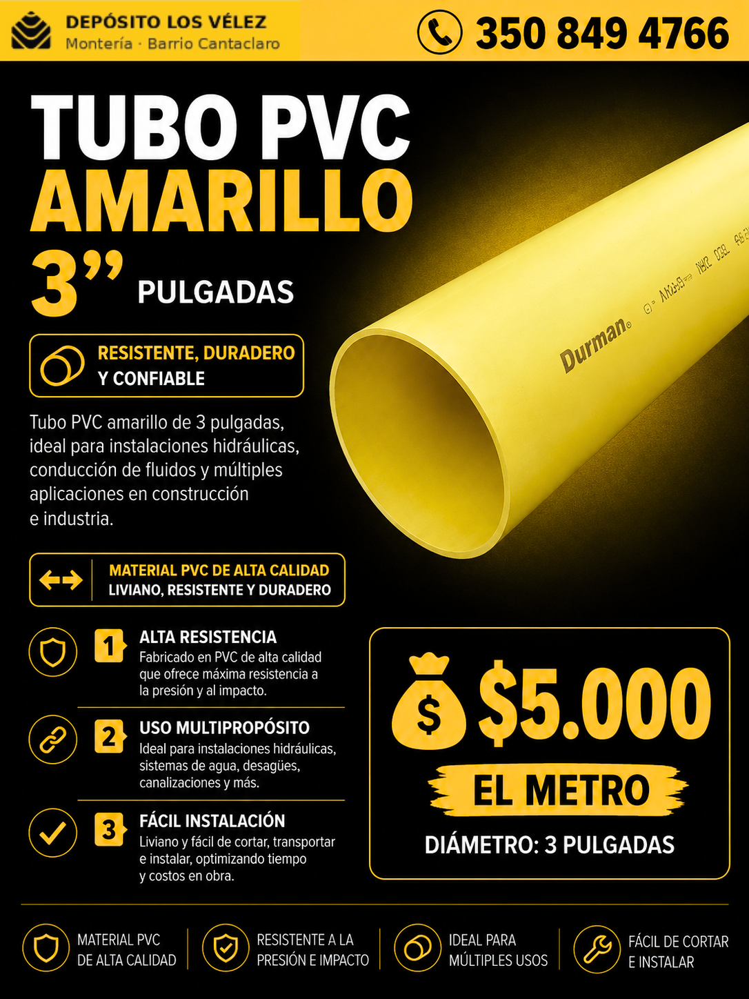 Tubo PVC amarillo 3"