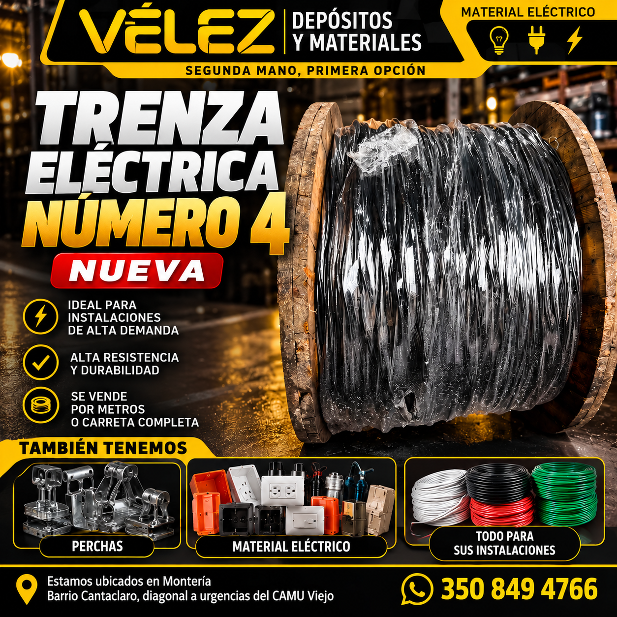 Trenza eléctrica #4 nueva aluminio cuádruplex (3 forradas + neutro)