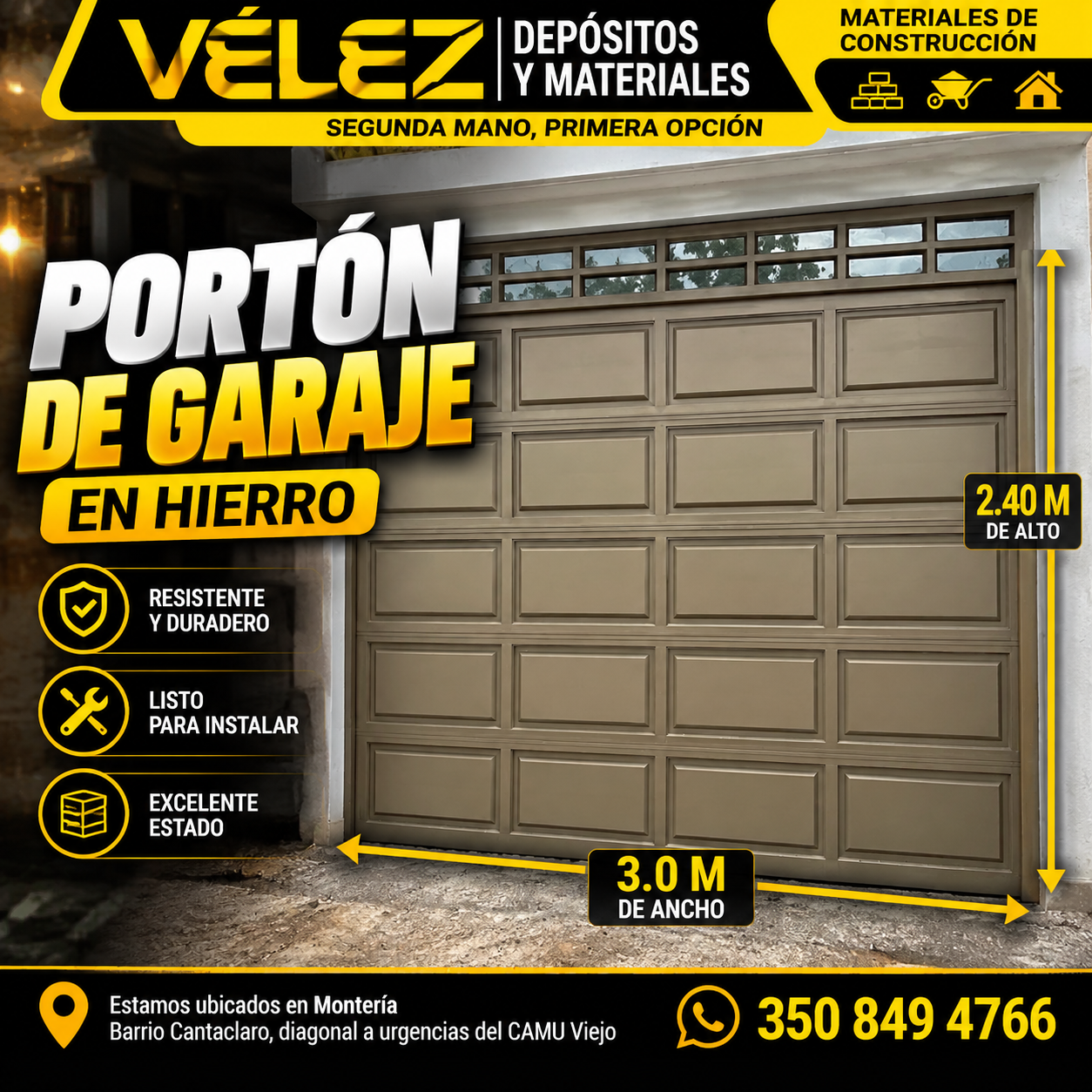 Portón de garaje seccional en hierro (3,0 x 2,40 m)