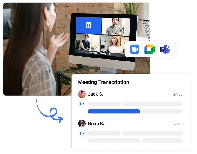 Perakam mesyuarat AI Transkriptor merakam perbualan Zoom, Microsoft Teams, dan Google Meet dengan transkripsi tepat dan ringkasan pintar.