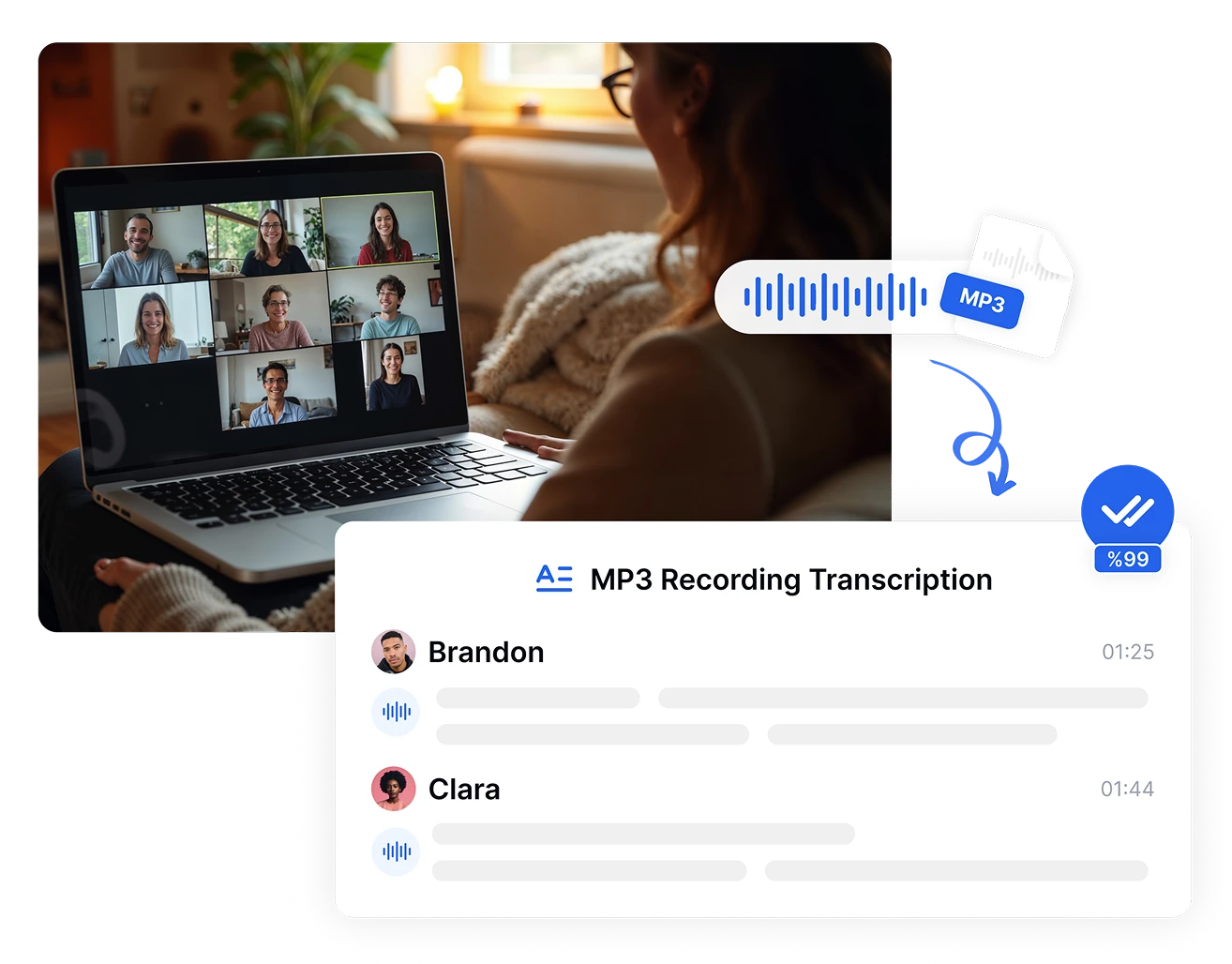 Transkriptorin MP3-tekstimuunnos jopa 99 % tarkkuudella muuttaa äänitallenteet muokattavaksi tekstiksi ammattilaisille, jotka tarvitsevat luotettavaa litterointia.